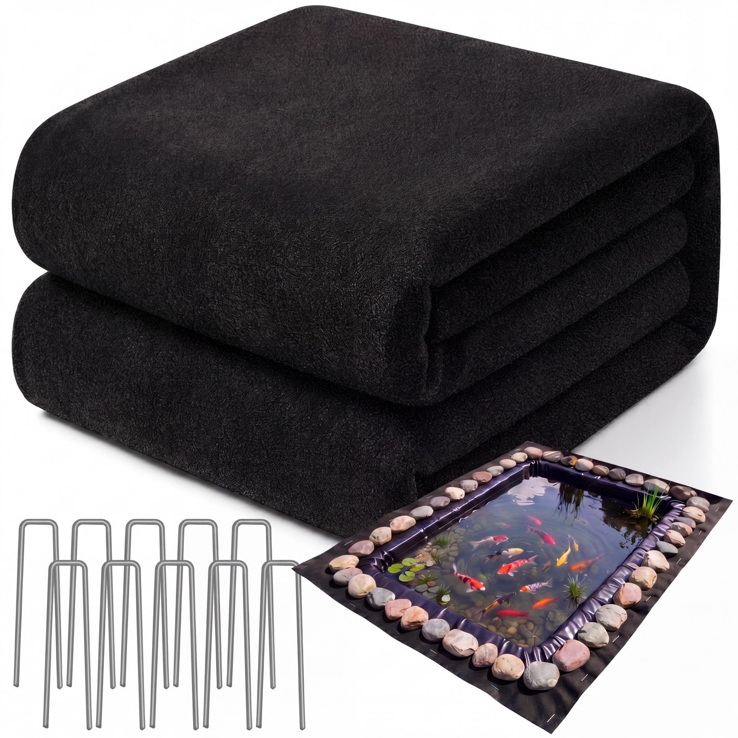 Fanfanwin 20 x 20 ft Pond Liner Underlayment 6oz Heavy Duty Black Non Woven Geotextile Underlayment Fabric with 10 U-pins for Outdoor Pond Streams Fountains Garden Waterfalls Fishpond Weed Barrier