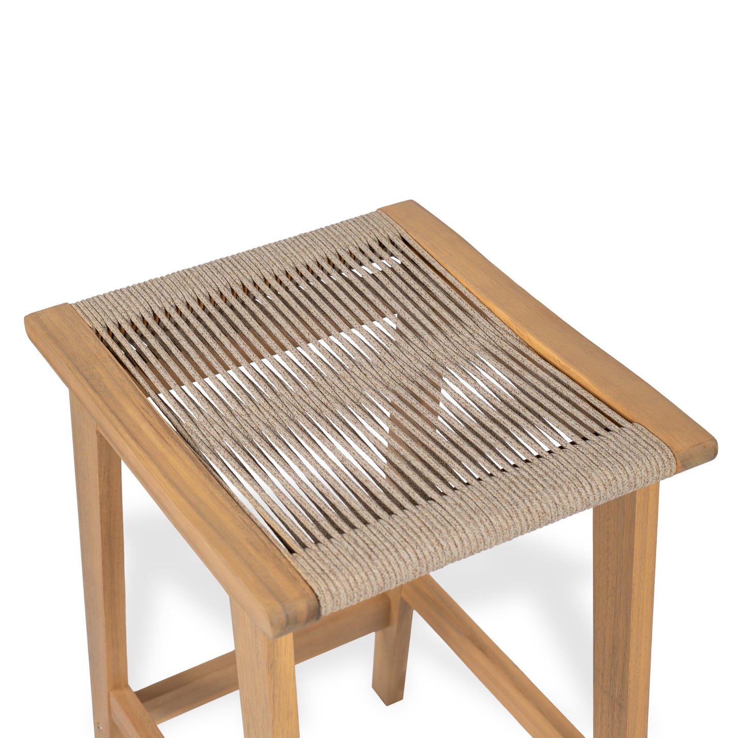 Christopher Knight Home Lily Set of 2 Patio Barstool, Acacia Wood & Woven Rope Outdoor Counter Stool with Footrest, Backless Wooden Barstool Chairs for Backyard Balcony Garden, Beige + Teak