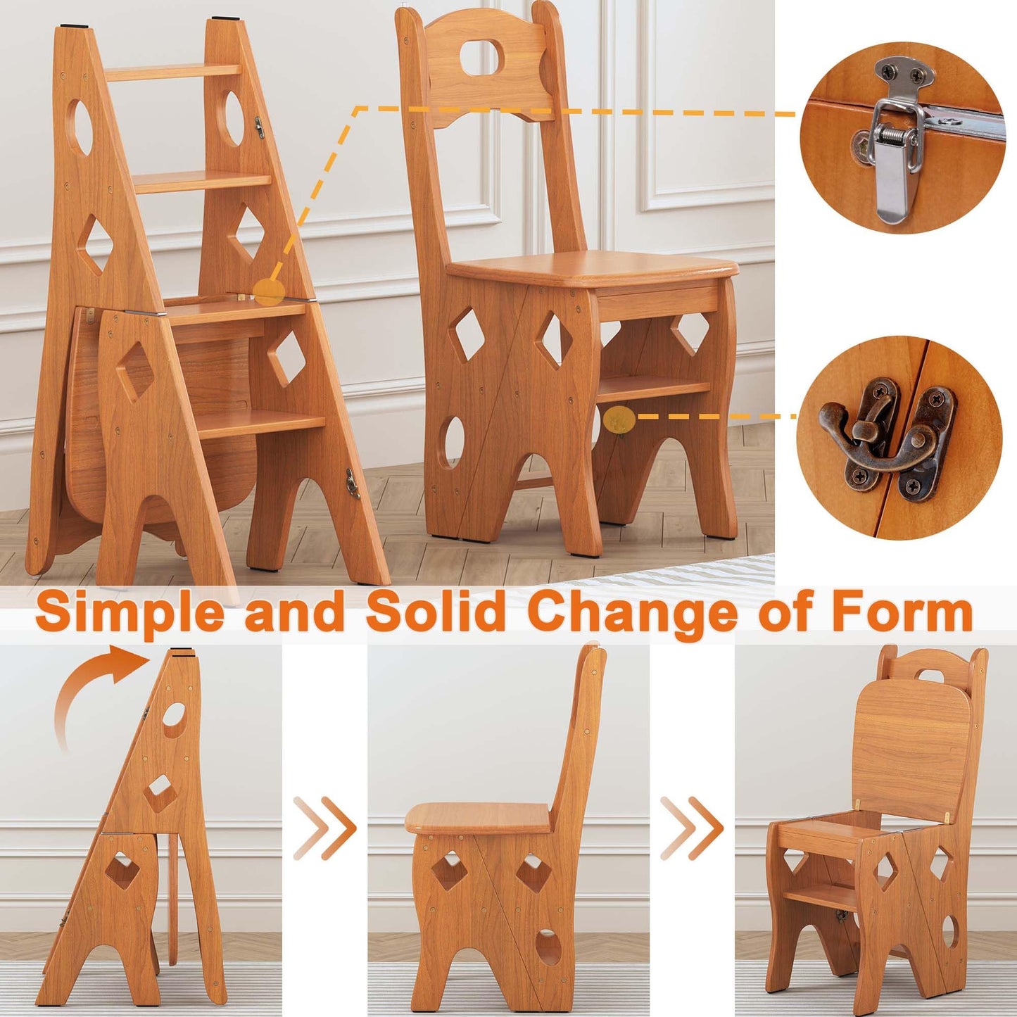 ybaymy Folding Library Ladder Chair, 4 Tier Portable Step Stool Chair, Lightweight 3-in-1 Stepladders Display Stand, Library Steps Bookshelf Plant Stand for Storage and Decoration