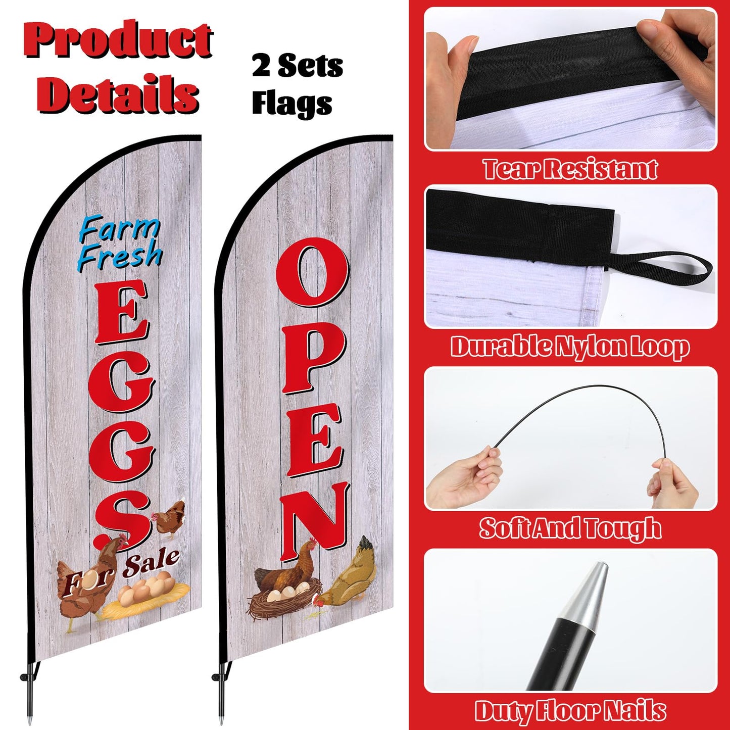 2 Sets Farm Fresh Eggs Feather Flag for Businesses Fresh Eggs Themed Swooper Banner Sign with Carbon Fiber Pole and Ground Stake Portable Bag Advertising Flag Banner for Business Advertising Outside