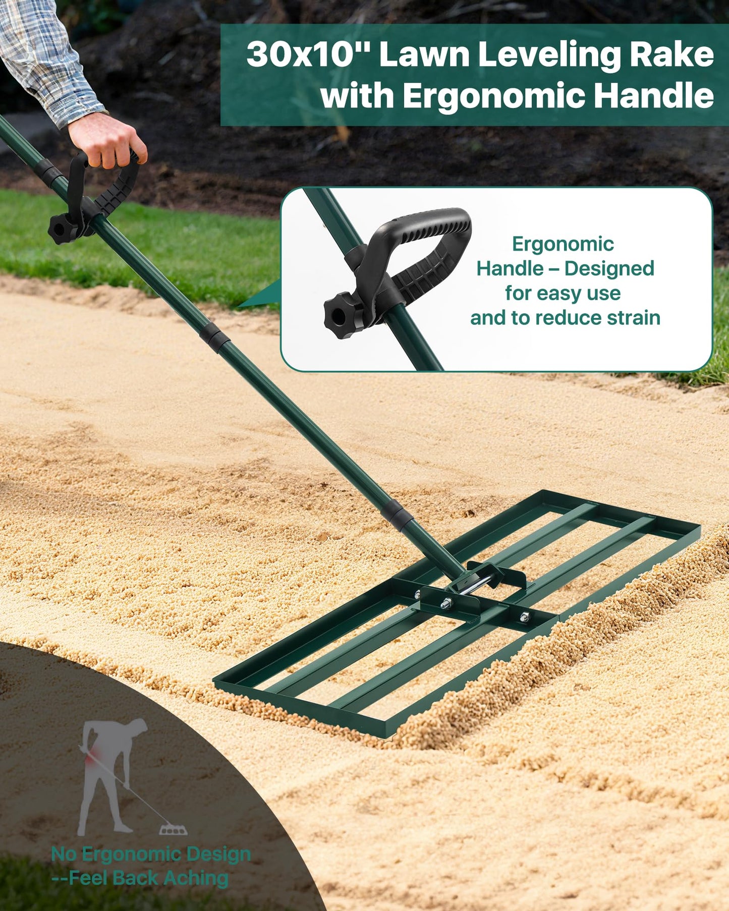 JivaJot Lawn Leveling Rake 30x10'', Yard Leveling Rake for Soil with Adjustable Handle, Stainless Steel Lawn Leveler Tool for Garden, Backyard, Farm, Golf Course