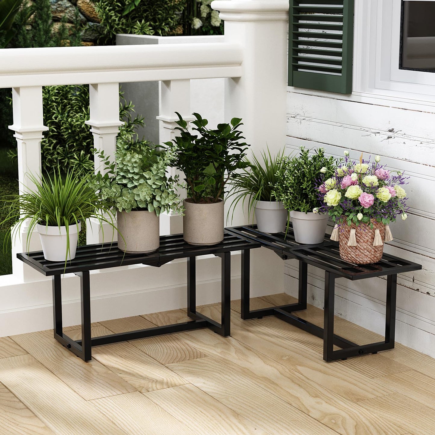 Rioneta 2-Pack Elegant Mid-Century Modern Metal Tiered Plant Stand Robust 330 lbs Capacity Versatile Indoor Outdoor Display for Living Room, Patio & Balcony Black