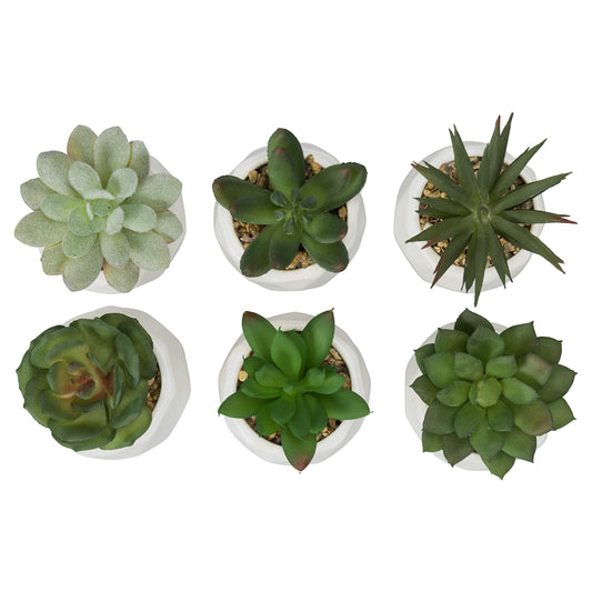 MyGift Mini Assorted Green Faux Succulent, Indoor Fake Plants in Geometric Ceramic Pots, Set of 6