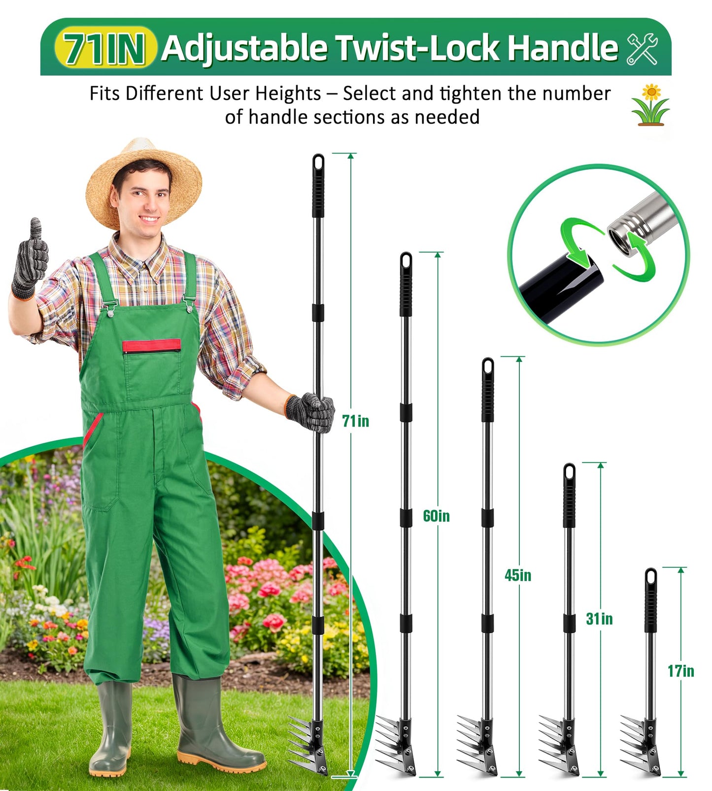 Joysuga Weed Rake Tool Iron Weed Puller with 71" Adjustable Long Handle, 6 Teeth Garden Weed Remover Tool Heavy Duty Manual Weed Puller with Gloves for Yard, Lawn, Garden