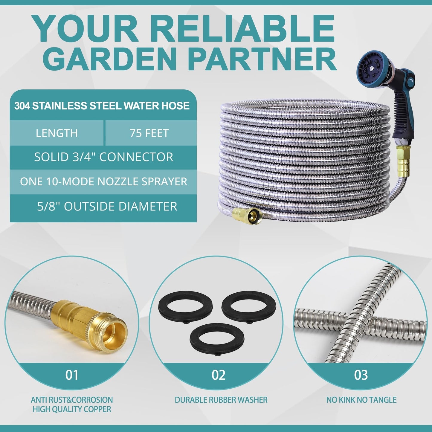 75FT Garden Hose, 304 Stainless Steel Water Hose, Flexible with a 10-Mode Nozzle Sprayer, No Kink, Lightweight, Puncture Proof, Ideal for Yard, Lawn, Outdoor, 5/8'' Outside Diameter