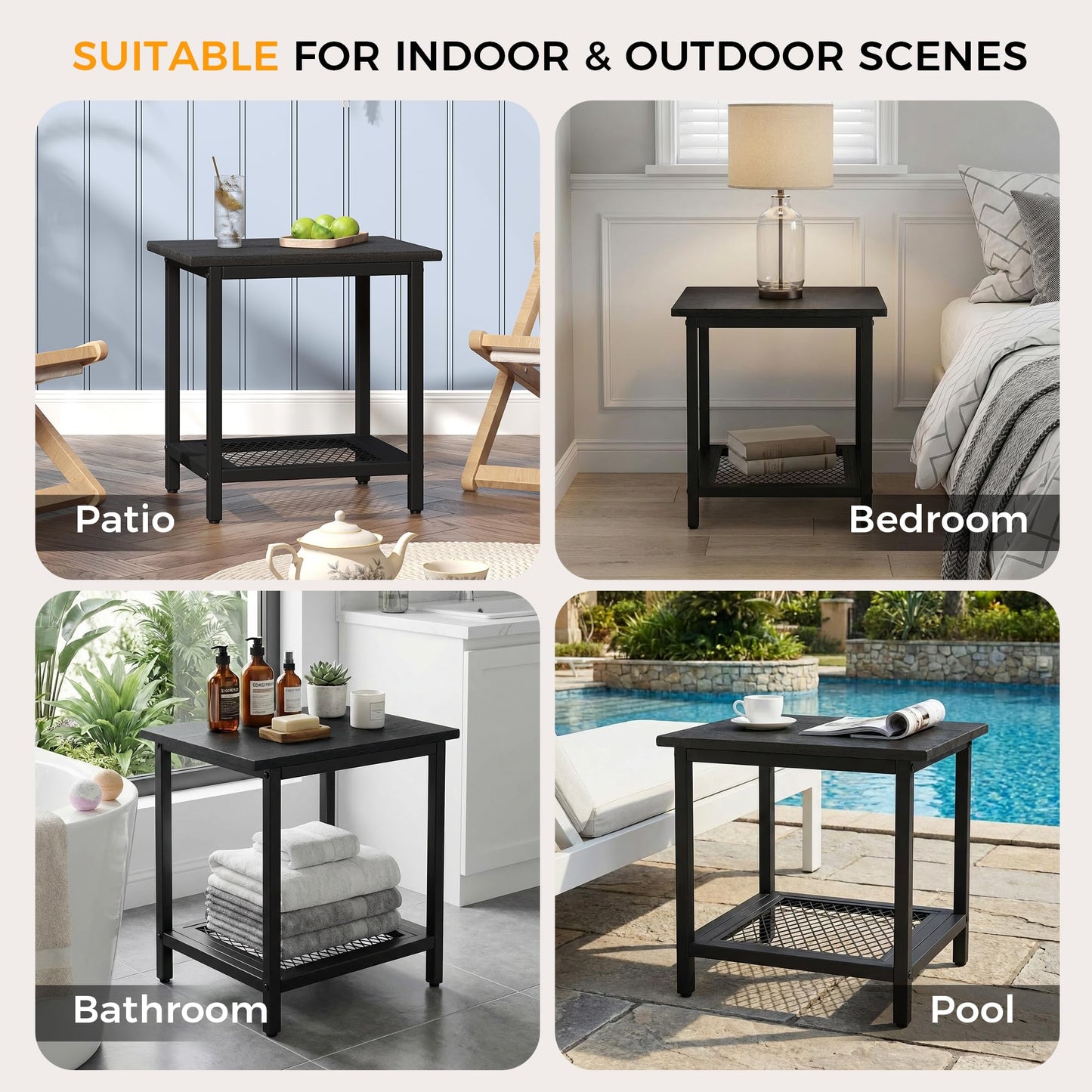 PyraLine 2-Tier Outdoor Side Table with Storage, Weather Resistant Patio End Table, HDPS Small Accent Table for Deck, Garden, Pool, Backyard, Black