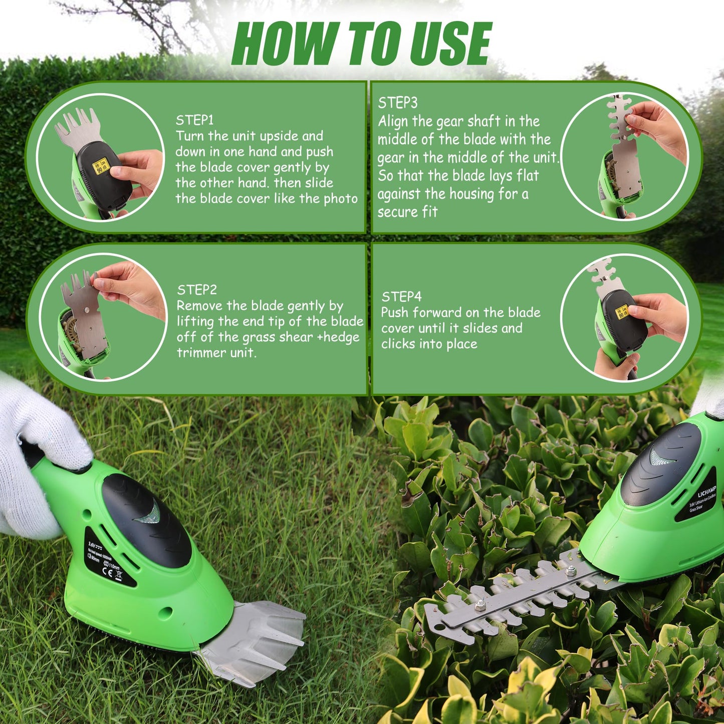 Lichamp 2-in-1 Electric Hand Held Grass Shear Hedge Trimmer Shrubbery Clipper Cordless Battery Powered Rechargeable for Garden and Lawn, CGS-3602 Grass Green