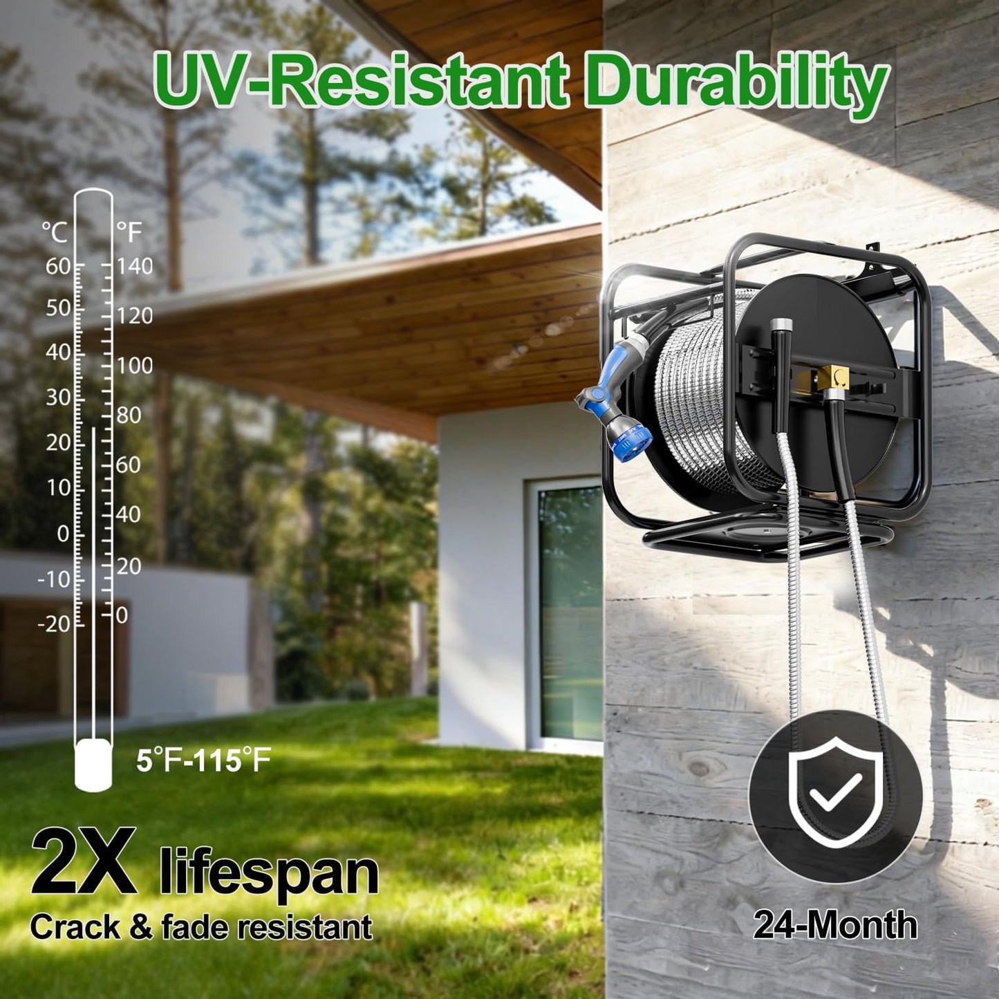 SPECILITE Upgraded Metal Garden Hose Reel With 100 Ft 304 Stainless Steel Water Pipe, Heavy Duty Anti-UV Wall Mount/Freestanding Spool with Nozzle, 3/4'' Brass Fittings, 360° Rotation Frame for Yard
