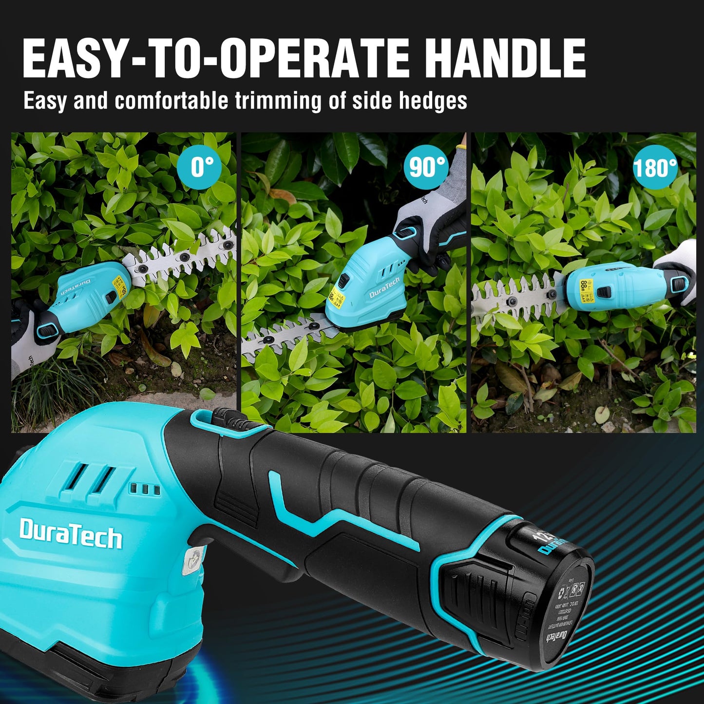 DURATECH Cordless Hedge Trimmer, 12V 2-in-1 Handheld Grass Trimmer & Hedge Shears Included 2.0Ah Li-Ion Battery, Charger & Storage Bag, Electric Grass Shear & Shrubbery Trimmer for Garden Yard Lawn