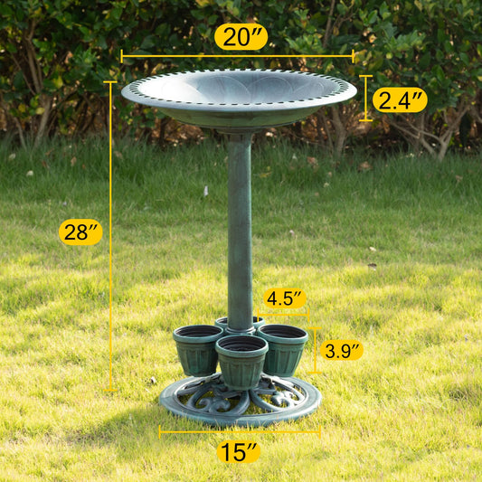 Demeyad Bird Bath for Outside with 4 Removable Flower Planters 28in Polyresin Lightweight Vintage Birdbath Stake Standing Bowl and Water Feeder Yard Gardan Decor Green