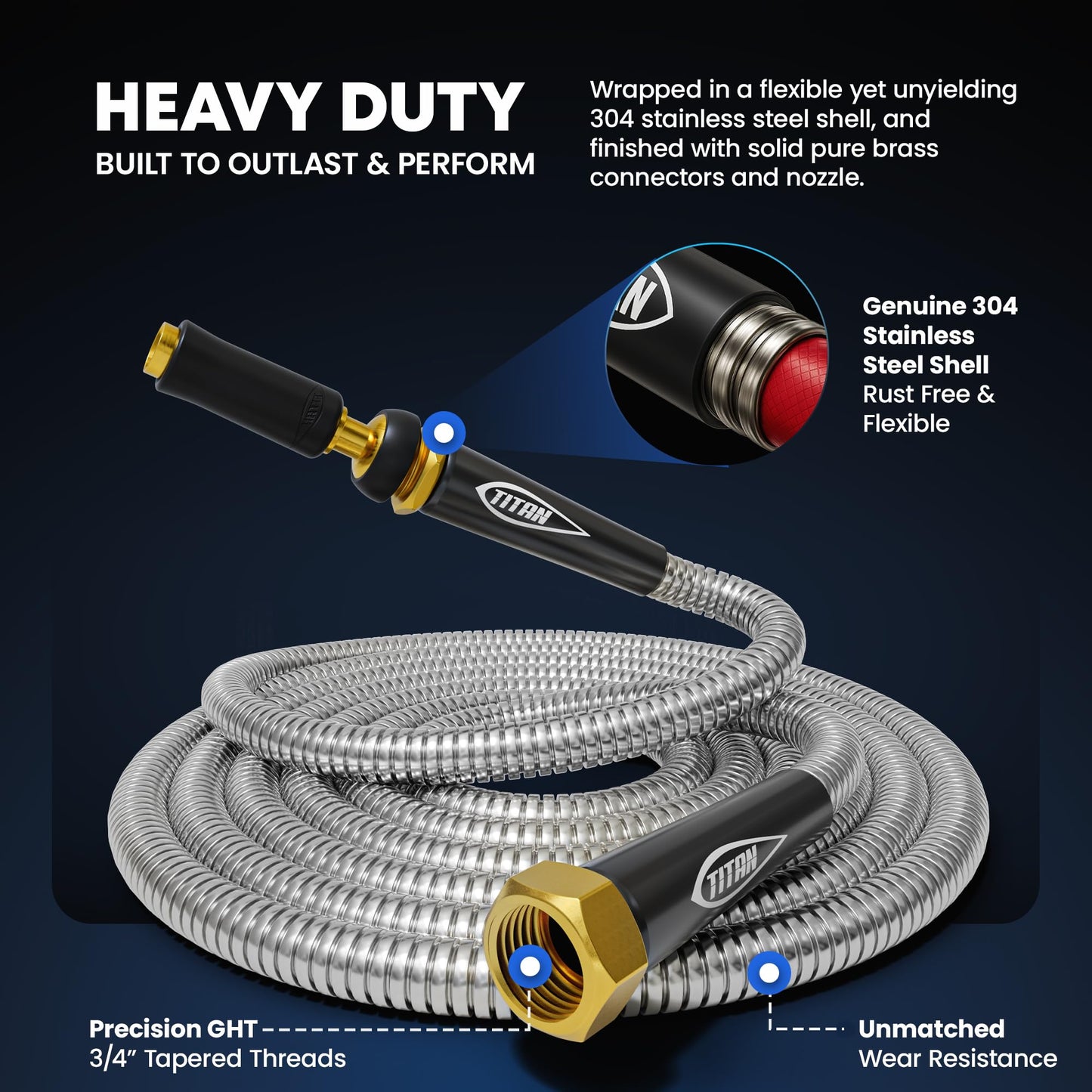 TITAN Garden Hose 150FT - 304 Stainless Steel Metal Water Hose, Flexible, Kink-Free, Lightweight, Durable Crush Resistant Fittings, Easy to Coil, 500 PSI