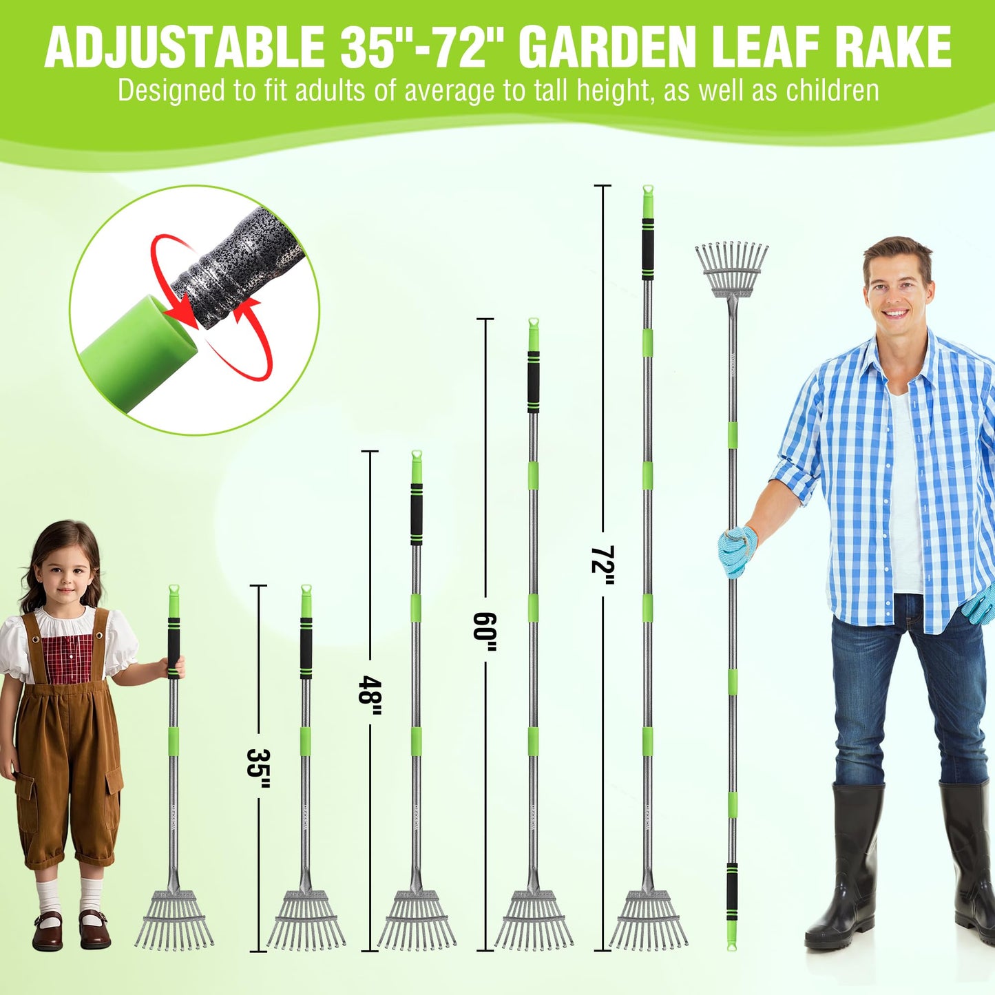 WORKPRO Rake, Small Rake for Leaves with 72” Adjustable Long Handle, 11 Steel Tines, Heavy Duty Metal Leaf Rakes for Garden, Lawn, Yard, Shrub, Flower Bed, Narrow Rakes 9" Wide Head for Tight Spaces