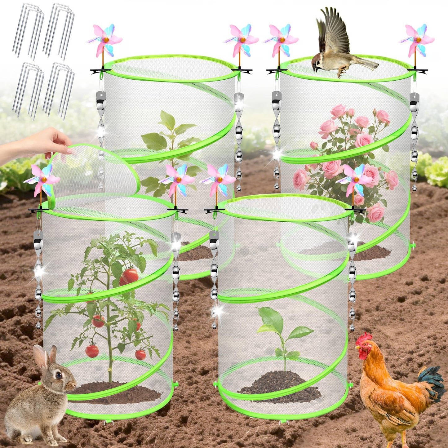 4 Pcs Insect Bird Barrier Netting Mesh with Bird Reflective Devices, Outdoor Garden Protection Cover, Plant Covers, Garden Netting Plant Cover, Protect Plant Fruits Flower from Insect Bird Eating