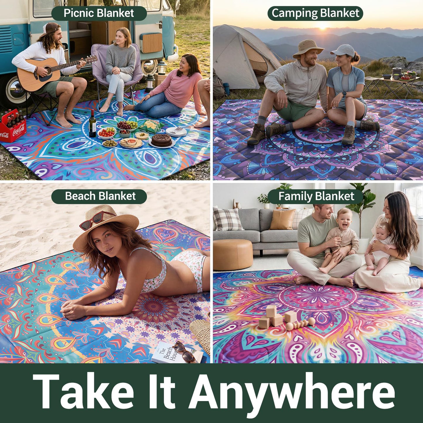 memKiya 60x80" Waterproof Picnic Blankets Outdoor Sandless Beach Blanket Foldable Padded Ground Grass Park Lawn Mat Tent Camping Rug Backpack Hiking Roadtrip Gadgets Gifts Rv Car Travel Trailers Items