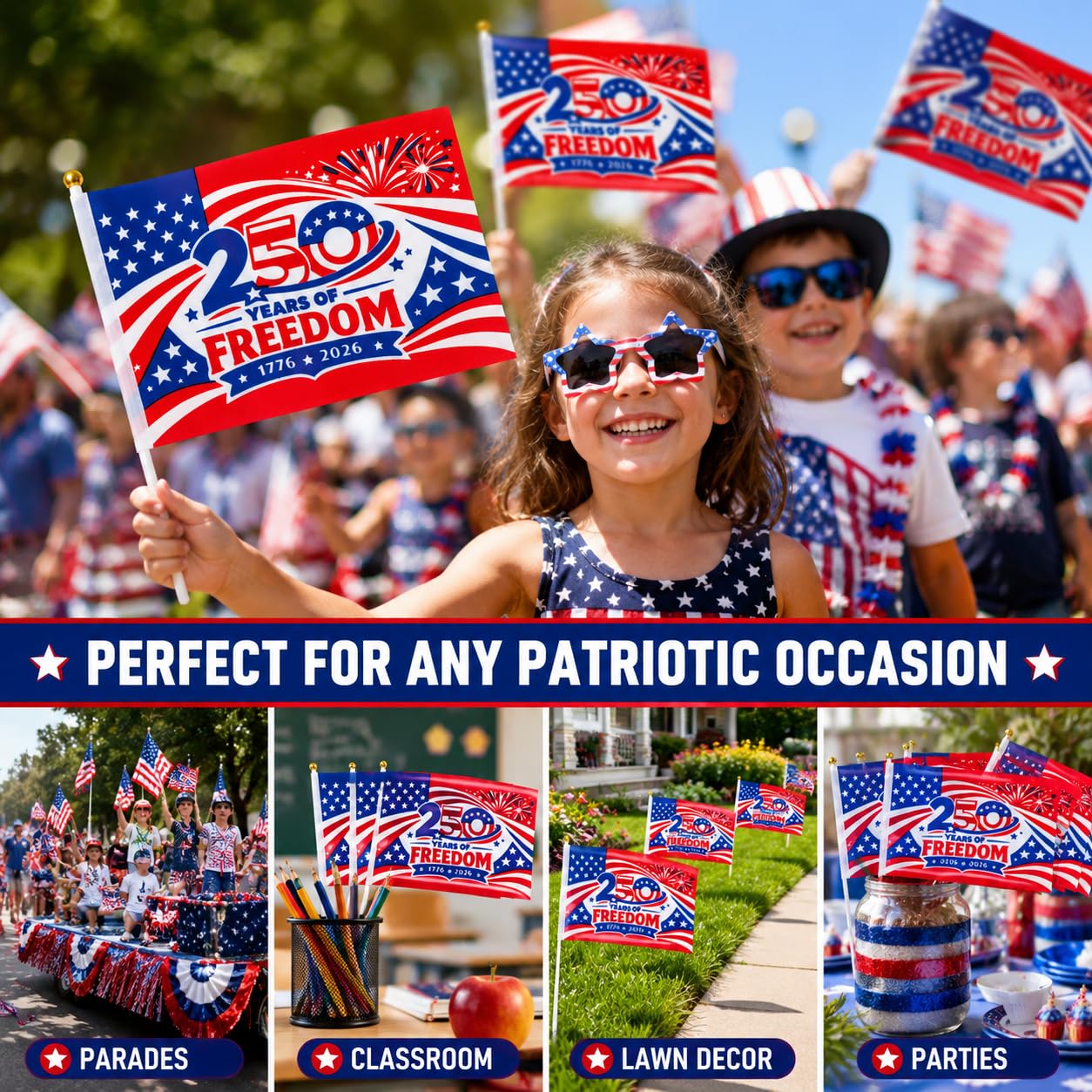 America 250th Anniversary Stick Flags 25/50 Pack – 1776-2026 Patriotic Hand Held American Flags, Small Mini USA Flags for Parade, Party, Classroom, Memorial Day, Independence Day & July 4th Decorations (50)