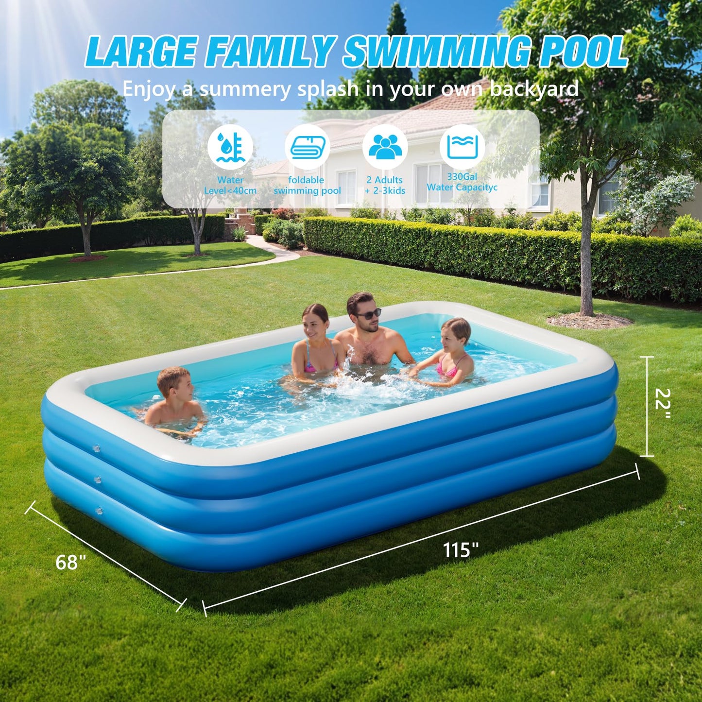 Inflatable Pool for Adults, 115'' x 68'' x 22'' Large Inflatable Pool for Adults, Blow up Pools, Rectangular Family Swimming Poo l, Oversized Thickened Family Inflatable Pools for Outdoor