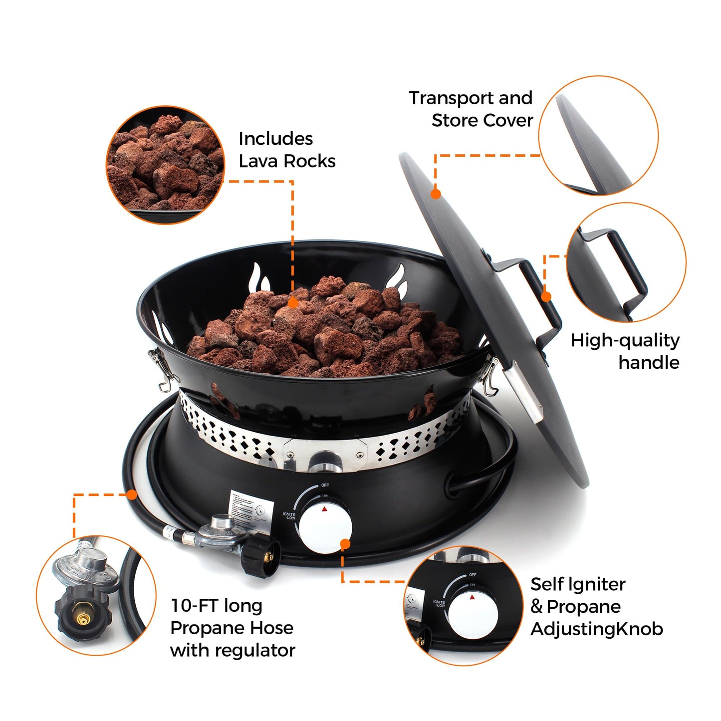 19" Propane Gas Fire Pit with Auto Flame-Out Gas Shut-Off, Portable with Lid & Carry Handle, 58,000 BTU, 10 FT Hose, 8 lb Lava Rocks for Camping, RV, Patio, Backyard,Propane Fire Pit for Camping