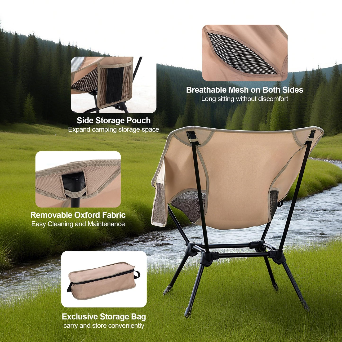TlaroRiz Camping Chair Portable Lightweight Camping Chairs for Adults Foldable 600D Oxford Ultralight Backpacking Chair with Breathable Mesh and Pocket for Outdoor Travel Hiking,Beige