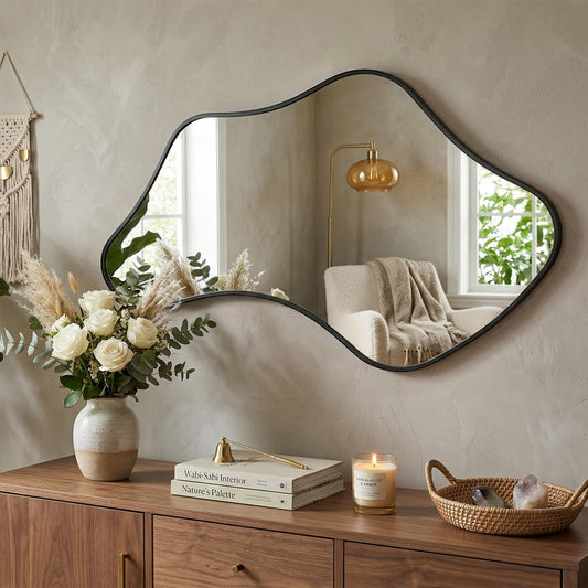 Fahomiss Asymmetrical Wall Mirror, Irregular Shaped Frameless Vanity Mirror, Modern Decorative Mirror for Entryway, Living Room, Bathroom (Black, 40" L x 24" W)