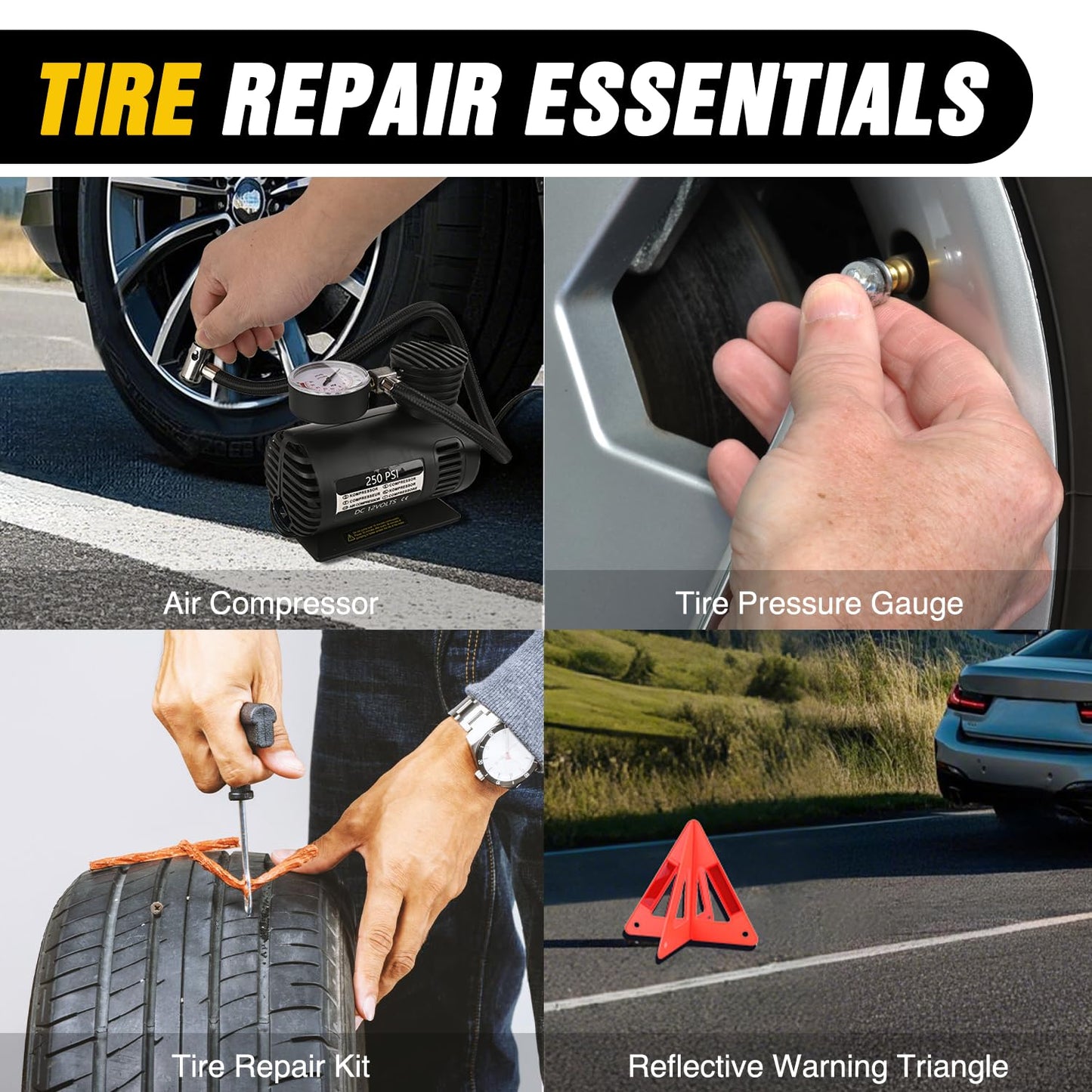 Nilight Car Emergency Kit with Jumper Cable, Tire Repair Tools Safety Assistance for Travel Camping Outdoor Cars Truck SUV RV, Roadside Essentials with Air Compressor