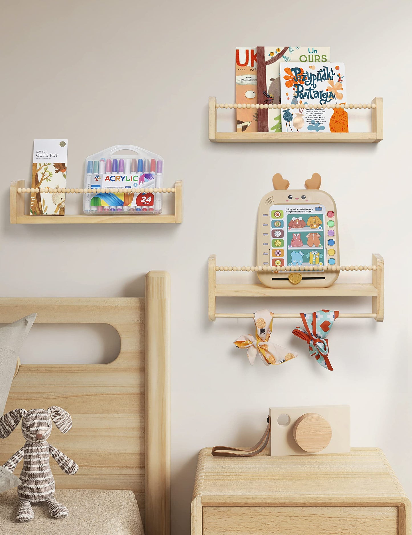 Maxpeuvon Nursery Floating Shelves for Wall, Set of 3 Book Shelves Natural Wood Wall Mounted Organizer with Towel Bar Hanging Bookshelves Nursery Decor for Kids Room, Bedroom and Kitchen