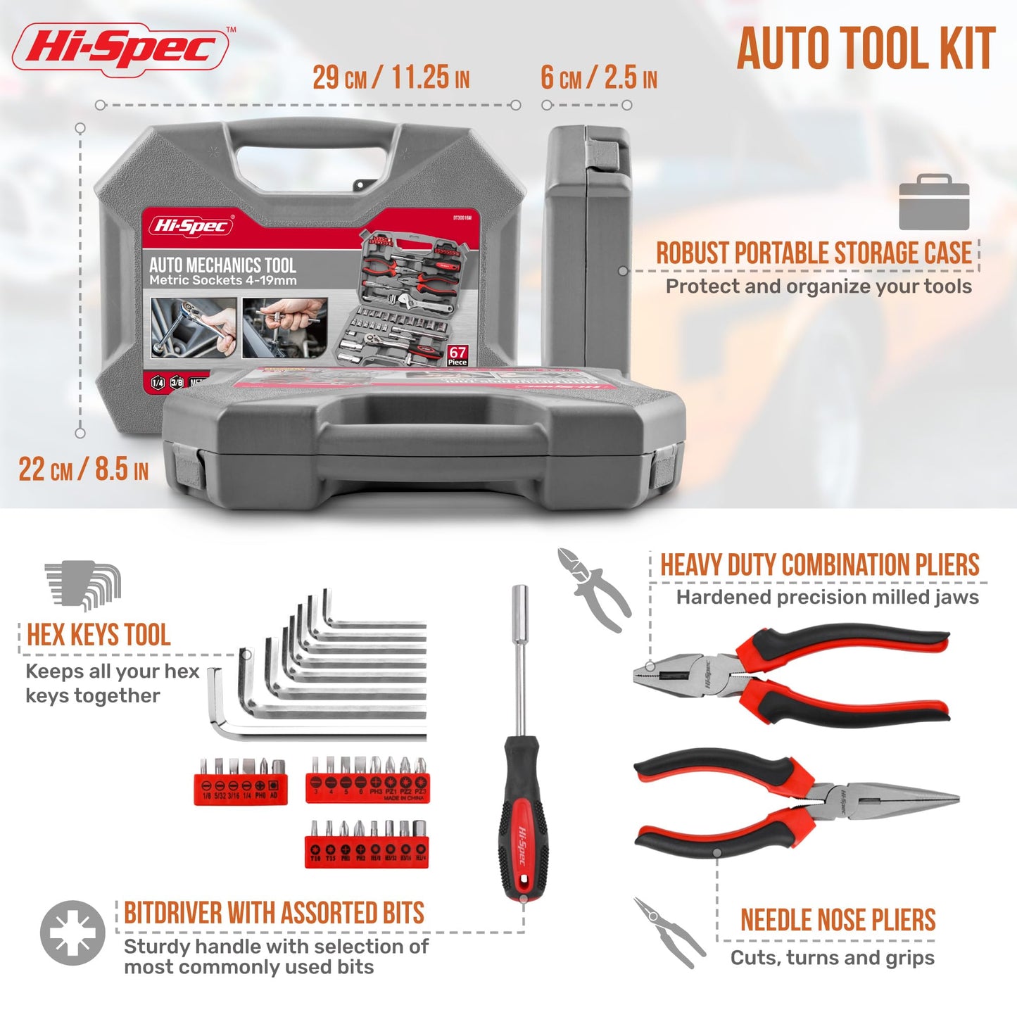 Hi-Spec 67Pc Metric Auto Mechanic Tool Set, Motorcycle & Car Tool Kit, Auto Repair with Pliers, Screwdriver Set, Socket Kit & Tool Box Storage Case for Cars, Trucks, Boats RVs & Jeeps