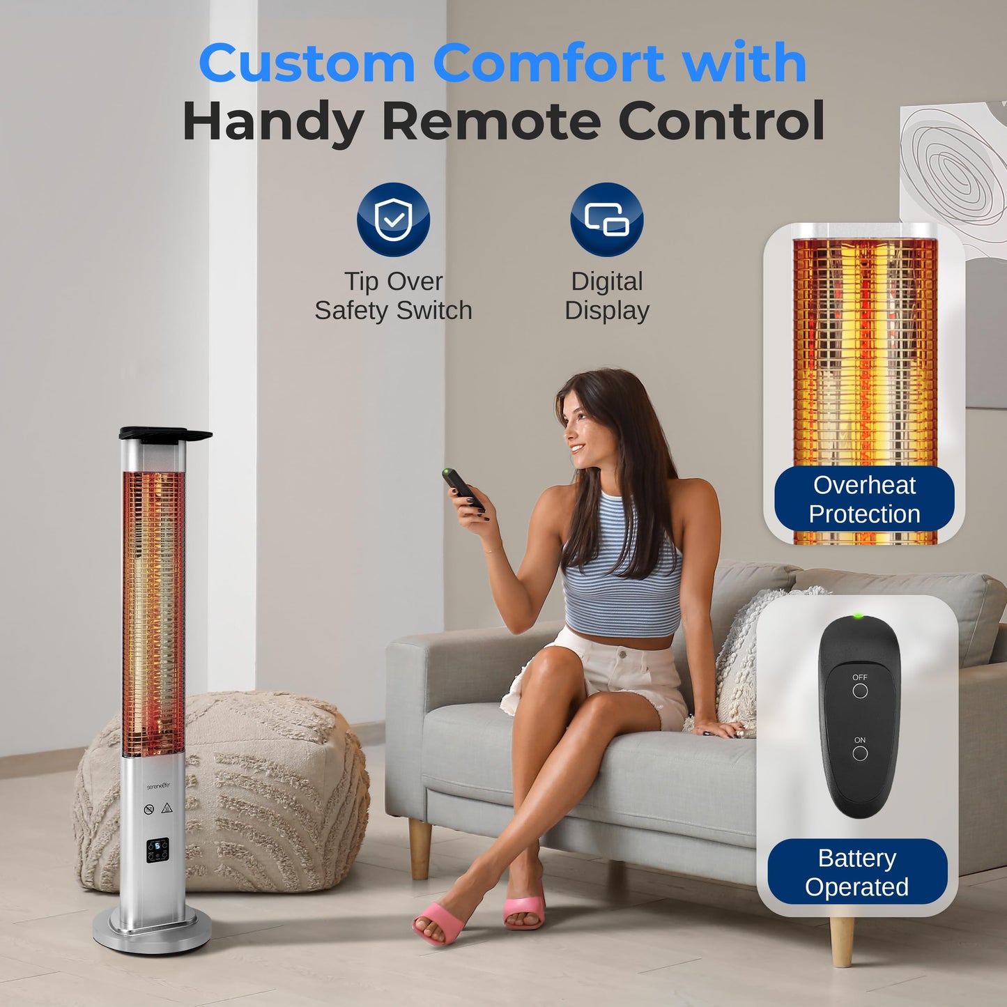 SereneLife Outdoor Electric Patio Heater - 900W Infrared Heater with Remote, Aluminum Reflector, Waterproof Design, IP65 Approved, Quiet Operation, Standing Porch Heater for Patio & Backyard