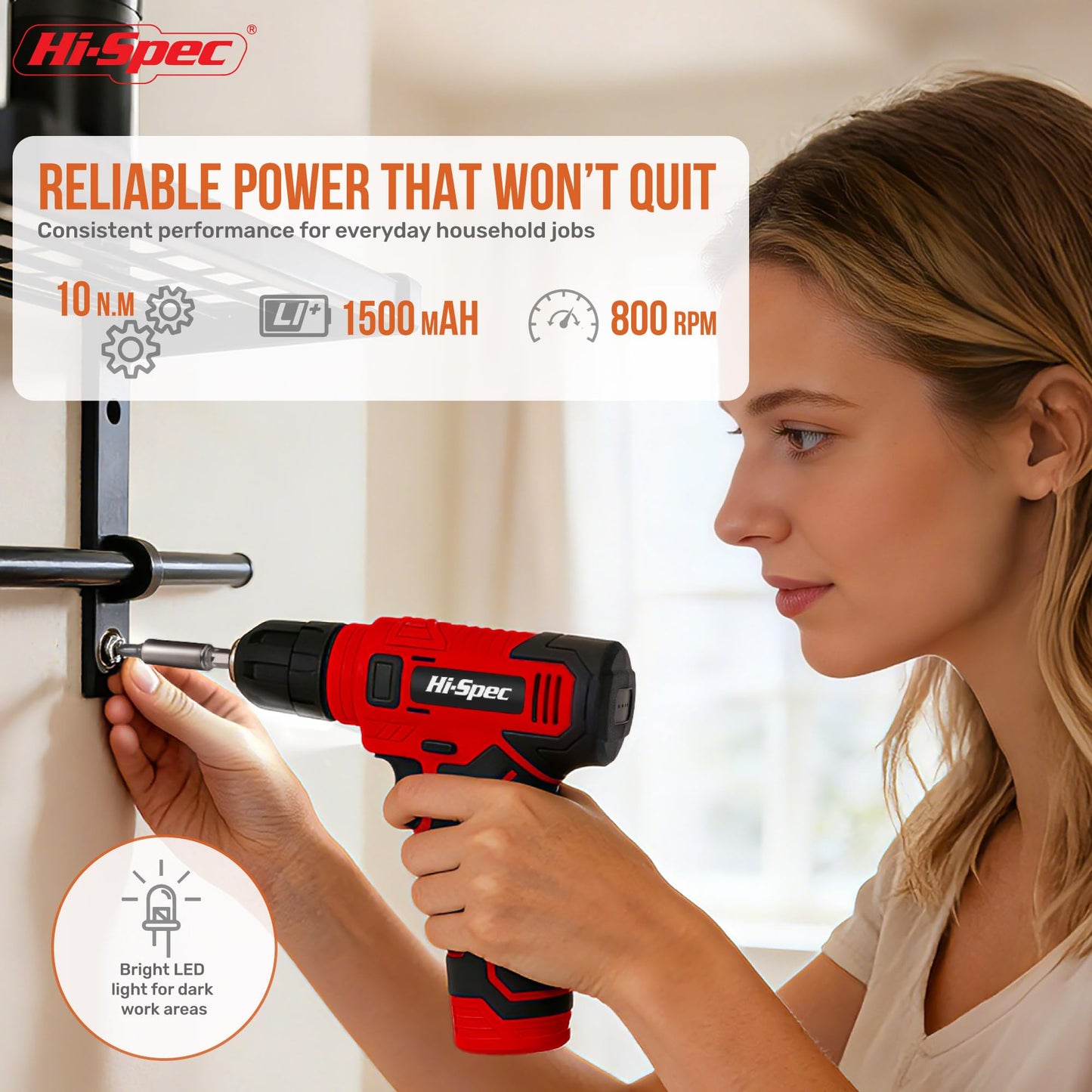 Hi-Spec 8V USB Power Drill Driver Screw Drill Bit Set. Cordless & Rechargeable Electric Drill Driver with Wall Hanging Kit,Red