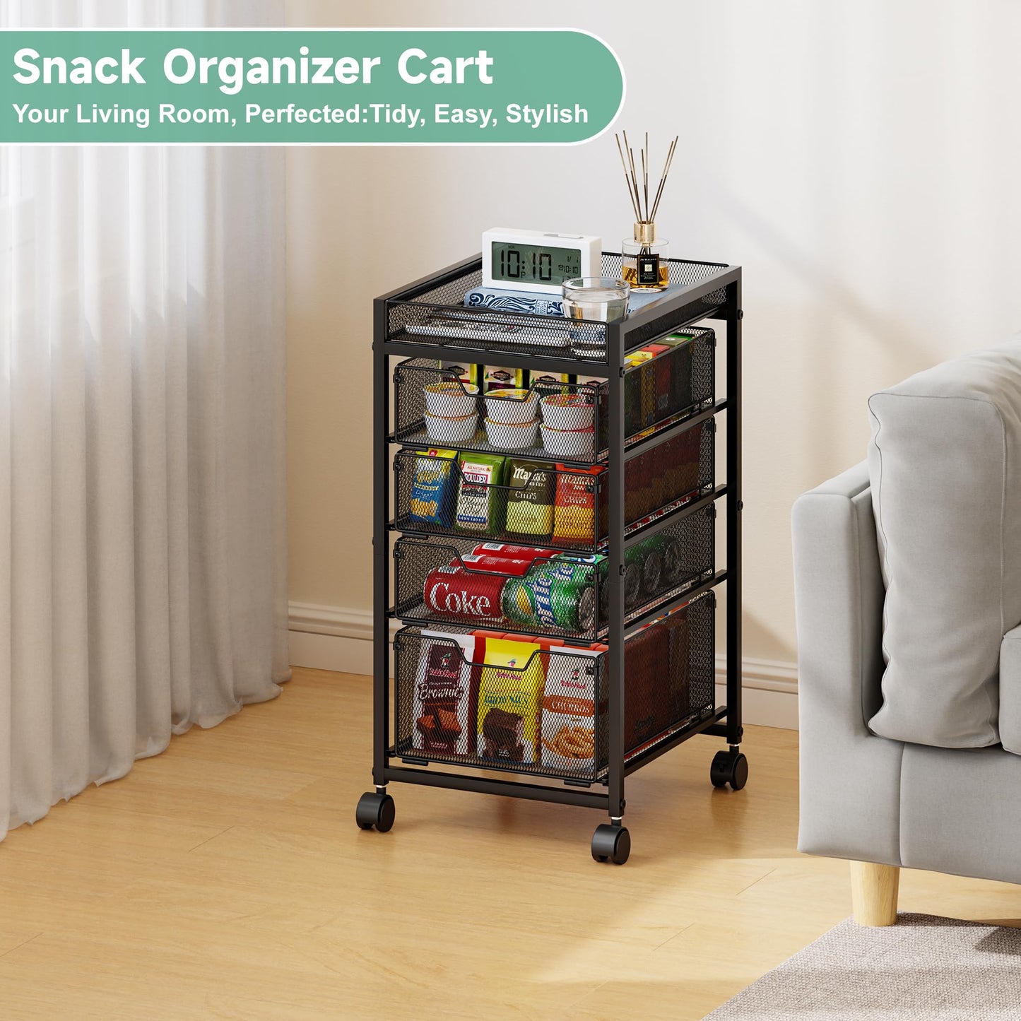 keomaisyto 5-Tier Kitchen Storage Cart with Top Basket & Drawers, Fruit and Vegetable Storage Rack on Lockable Wheels, Metal Kitchen Organization for Snacks, Potatoes, Onions, Cans & Craft Supplies