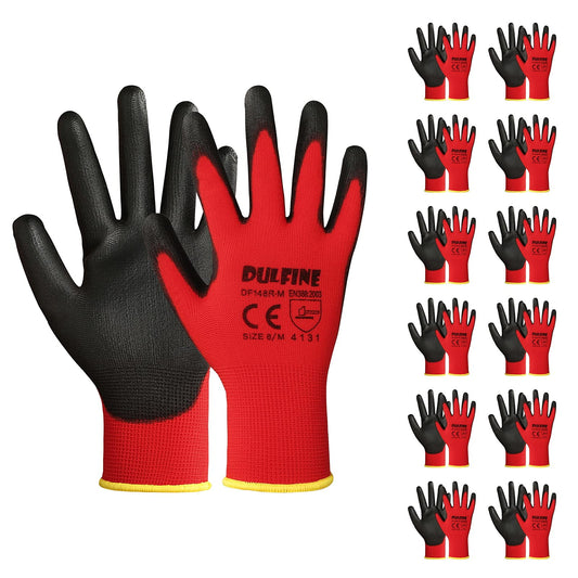 Safety Work Gloves PU Coated-12 Pairs,Red Seamless Knit Glove with Polyurethane Coated Smooth Grip on Palm & Fingers, for Men and Women, Ideal for General Duty Work (Medium)