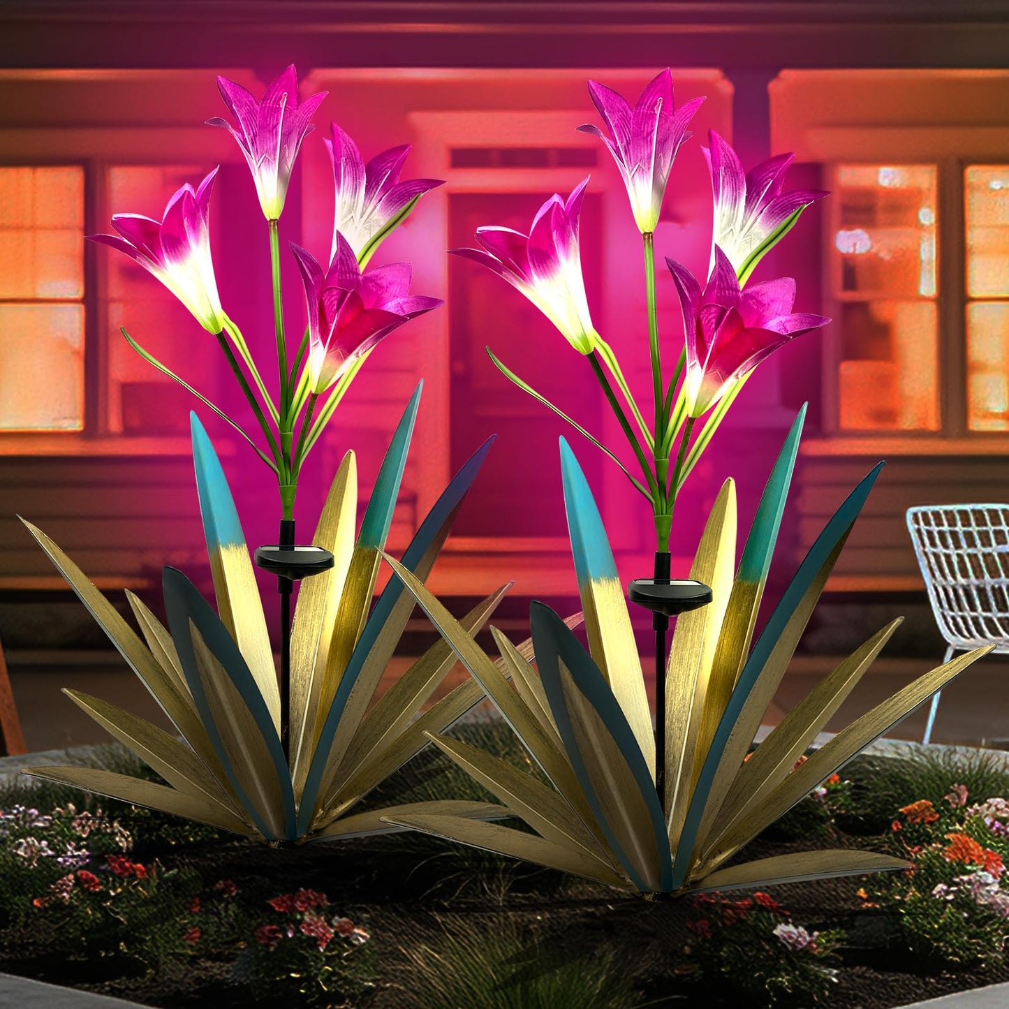 Homight Solar Metal Agave Lily Flower Garden Sculpture with LED Lights 30.3 Inch Waterproof Outdoor/Indoor Yard Decor Handmade Lawn Ornament Gift for Family Friends (2, Blue)