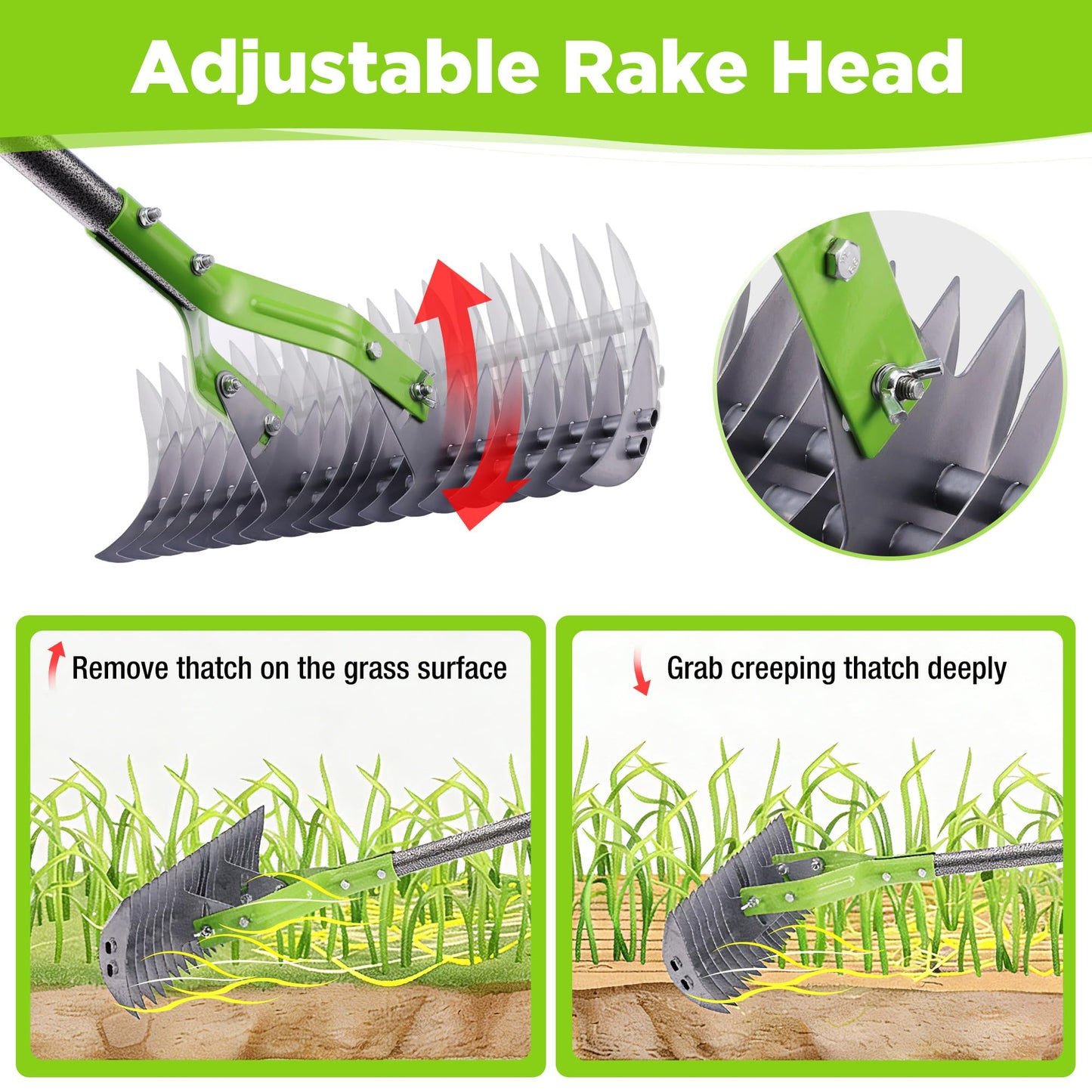 WORKPRO Thatch Rake, 15-Inch Thatching Rake for Lawns, Heavy Duty Dethatcher Rakes with 5FT Handle, Dethatching Rakes with Adjustable Head for Removing Dead Grass and Clippings, Loosening Soil