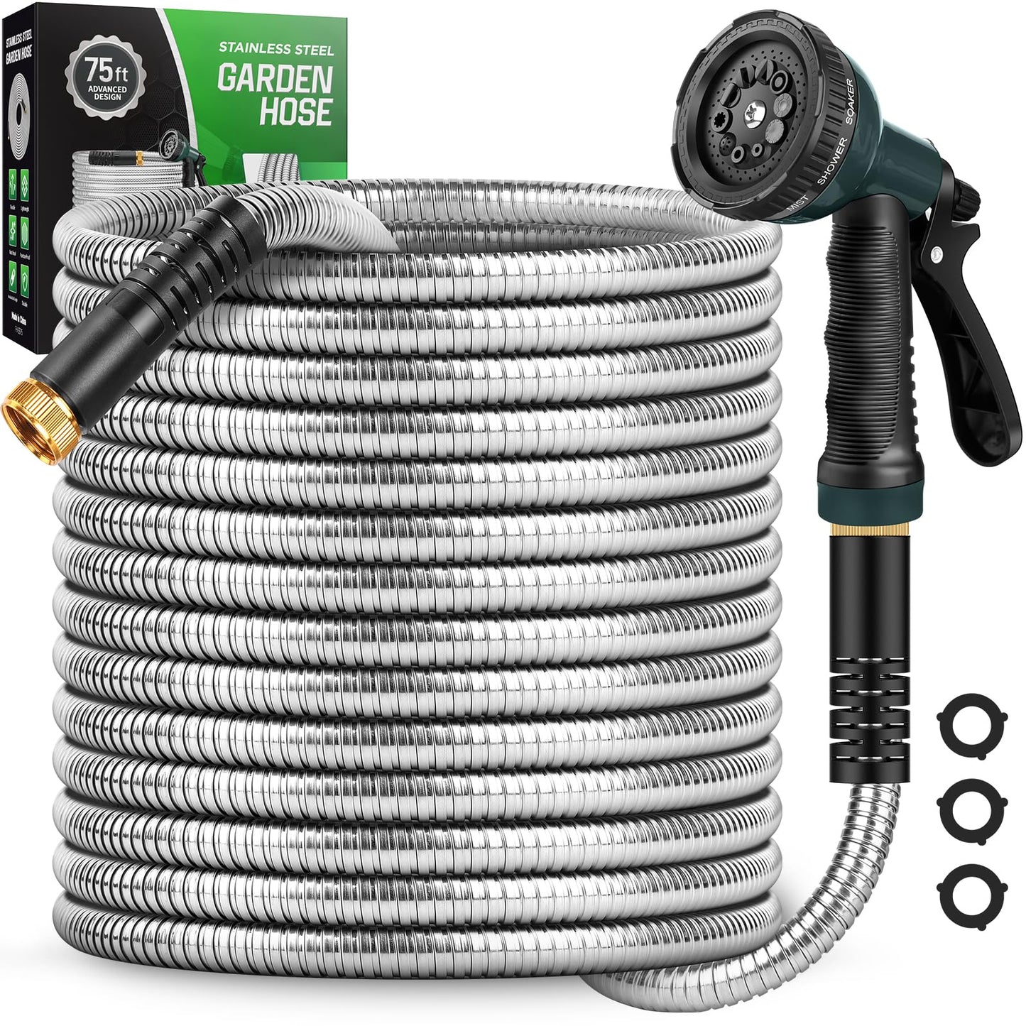 Amayrose Garden Hose with 10-Function Nozzle, Leak-proof Metal Connector Hose, No Knots, Kink-Free Hoses, Lighter, Anti-Pets, Wear-Resistant, 3/4 GHT, Water Hose for Garden, Yard, Outdoor（75 FT）