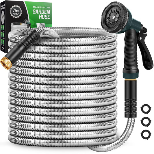 Amayrose Garden Hose with 10-Function Nozzle, Leak-proof Metal Connector Hose, No Knots, Kink-Free Hoses, Lighter, Anti-Pets, Wear-Resistant, 3/4 GHT, Water Hose for Garden, Yard, Outdoor（75 FT）