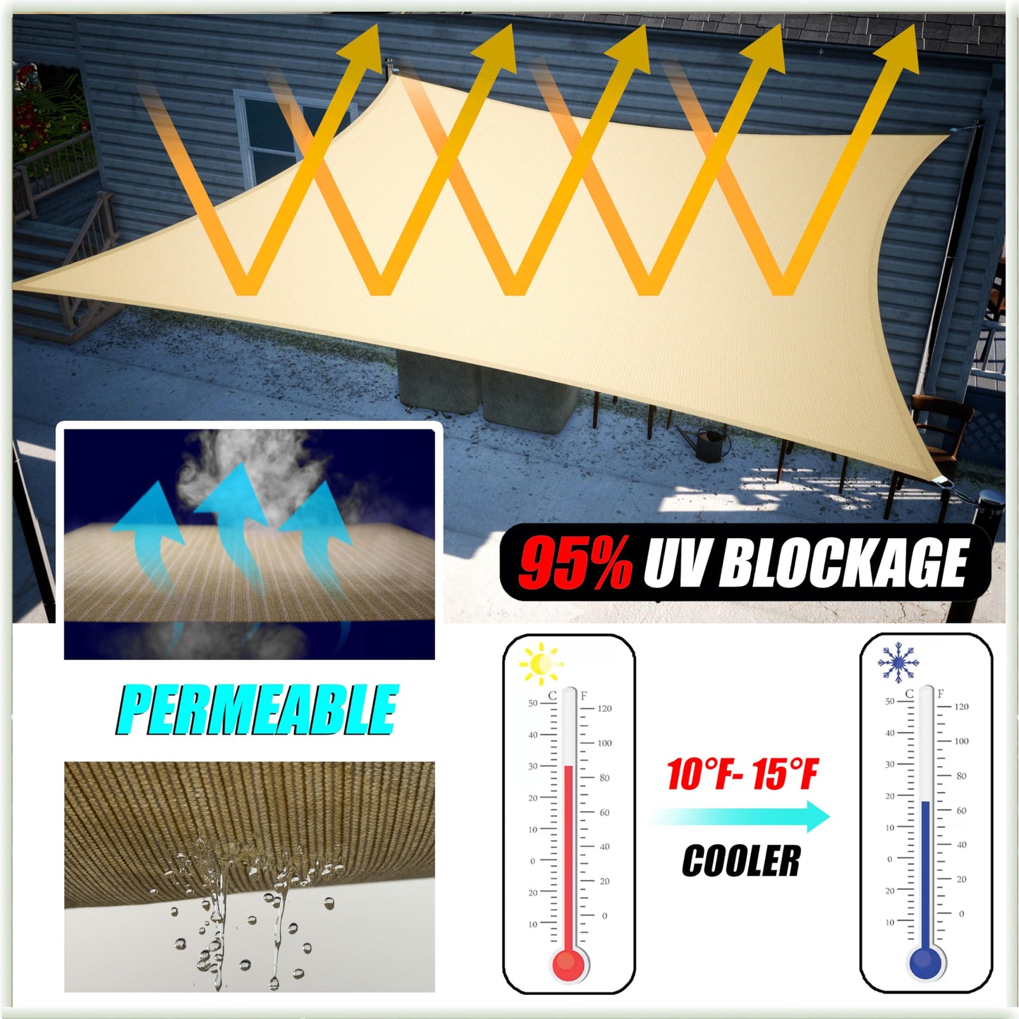 Amgo 16' x 16' x 22.6' Beige Right Triangle Sun Shade Sail UPF50+ Canopy Awning AGSLT, 95% UV Blockage, Water & Air Permeable, 200GSM Heavy Duty Commercial and Residential (We Make Custom Sizes)
