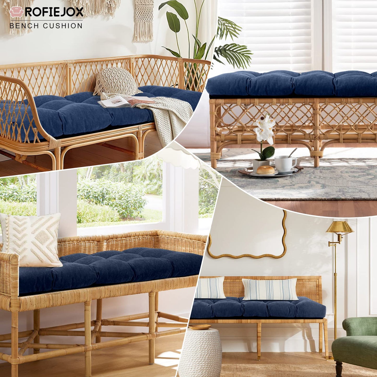 ROFIEJOX 36 Inch Bench Cushion, Tufted Window Seat Cushion with High-Density Memory Foam, Soft Chenille Non-Slip Indoor Furniture Pad for Bay Window, Dining Bench, Entryway (Deep Blue, 36x14x4)
