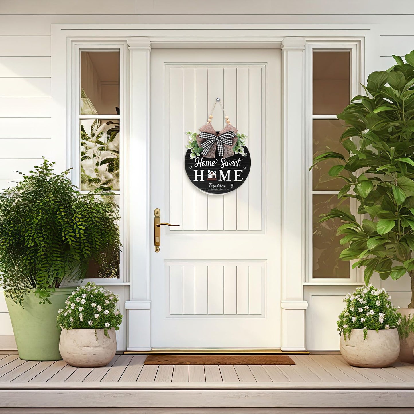 Welcome Sign for Front Door, Wooden Home Sweet Home Decor Outdoor, 3D Farmhouse Hanging Door Wreath with Artificial Greenery, Porch Welcome Sign Hanger All Year Round (Black)