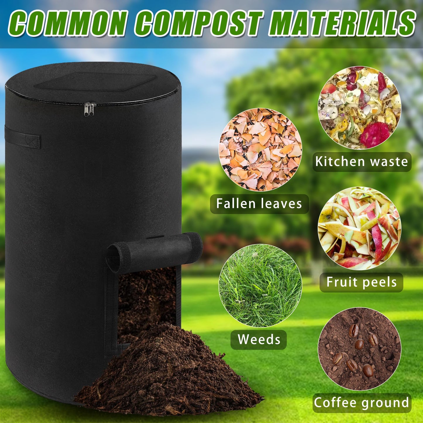 Reusable Compost Bin Outdoor, 34 Gallon Home Compost Bucket with Handles and Observation Windows, Breathable Thickened Foldable Compost Bin for Garden Yard (1 Pack, Black)