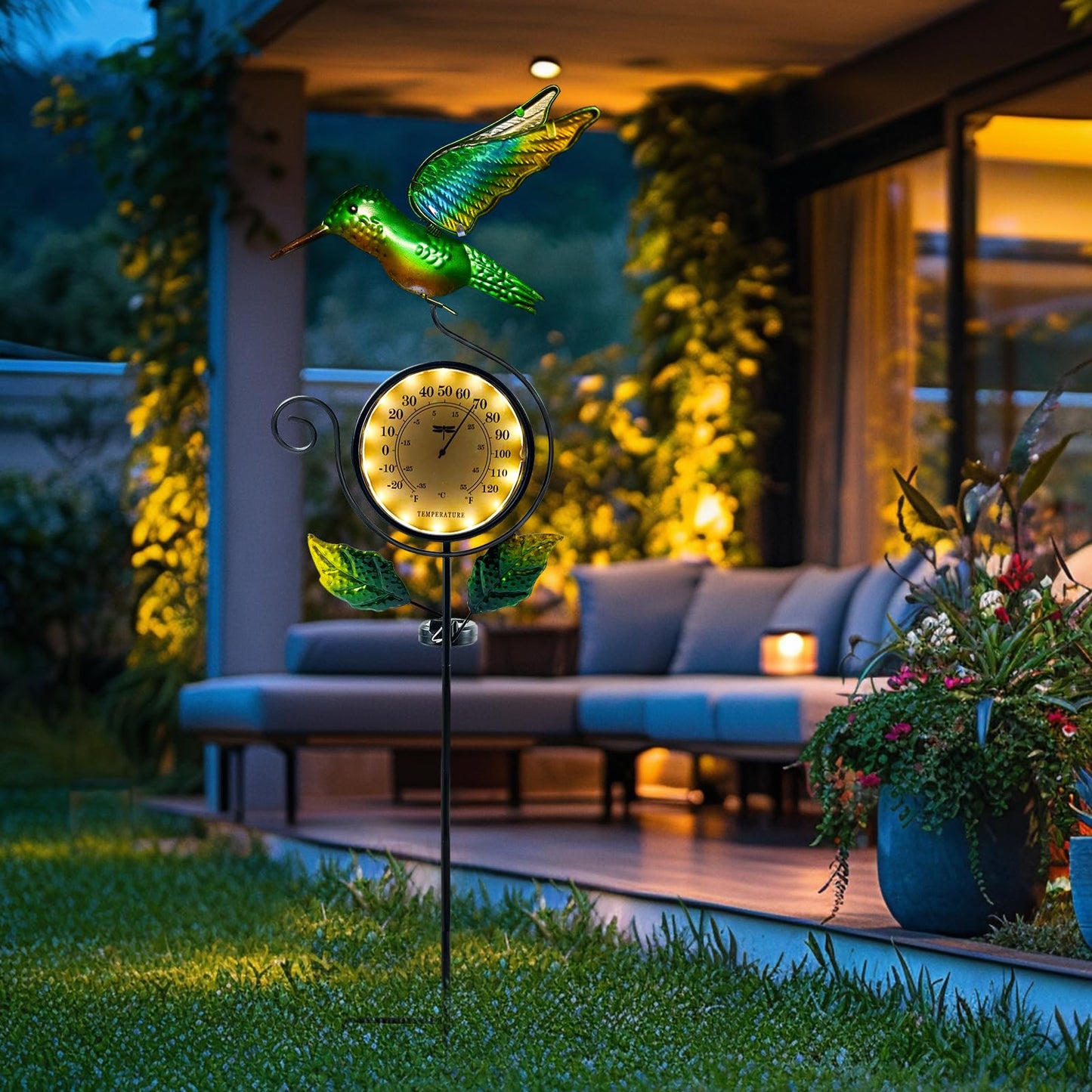 HONGLAND Outdoor Thermometer with Solar & Warm LED Lights, Metal Hummingbird Temperature Stake for Garden, Lawn, Patio, Waterproof Yard Decor
