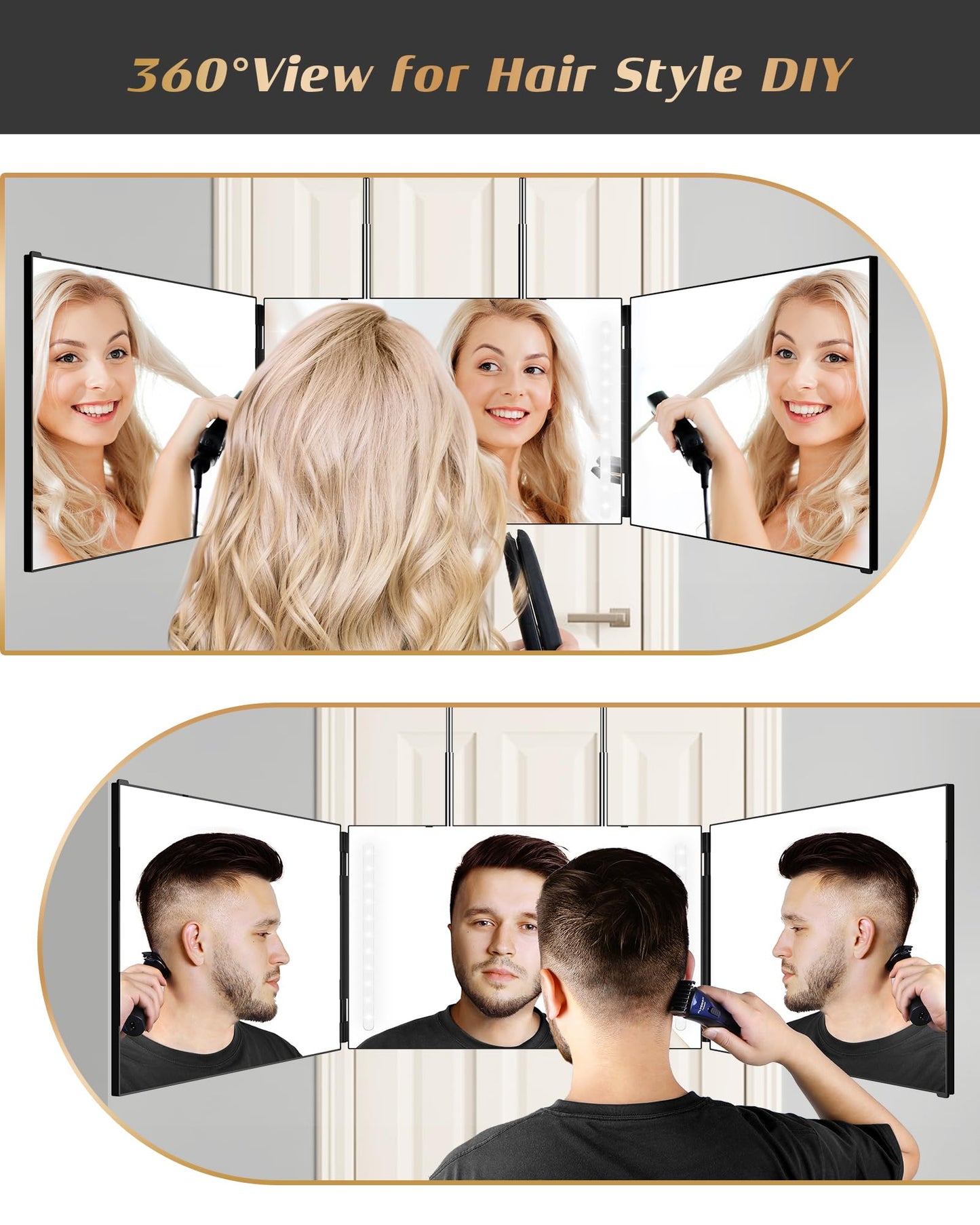 JUSRON 360 Viewing Angle Self Hair Cutting Mirror, Clear Anti-Fog HD Glass (Black with LED with Accessories)