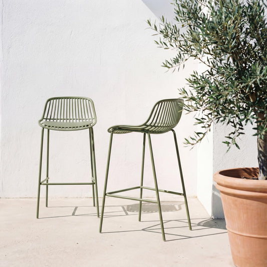 Merax Lightweight Outdoor Bar Chairs Set of 2, Weather-Resistant Plastic & Metal Backless Patio Bar Stools, Bar Height for Balcony, Garden, Poolside, Sage Green
