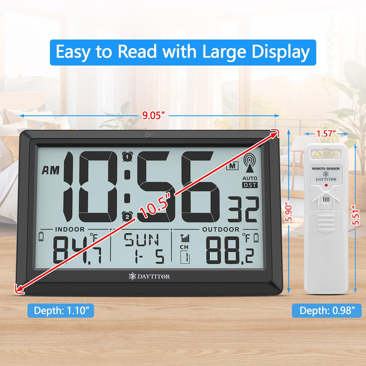Atomic Clock Wall with Indoor/Outdoor Temp, Battery Operated Digital Wall Clock with 10.5" Large LCD Display, 330ft Range Desk Table Clock with Alarm, DST, Calendar for Living Room Bedrooms, Black