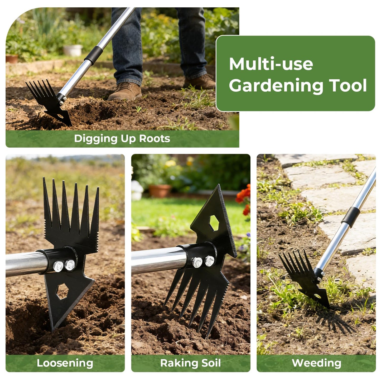 2-in-1 Weed Puller Tool,Dual-Head Garden Hoe Weeder Tool with Long Handle,Heavy Duty Manganese Steel Weeding Tool for Gardening,Uprooting Weed Remover for Yard Lawn Patio and Garden