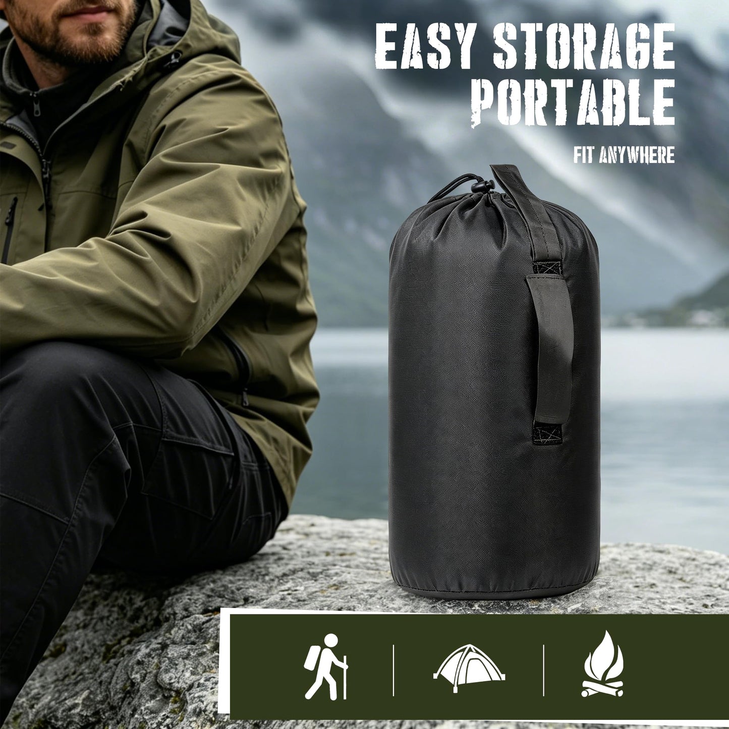 Lenotos Woobie Blanket, Thermal Insulated Military Poncho Liner, Water-Resistant, Portable, Insulation, for Hiking, Survival with Compression Carry Bag (Black)