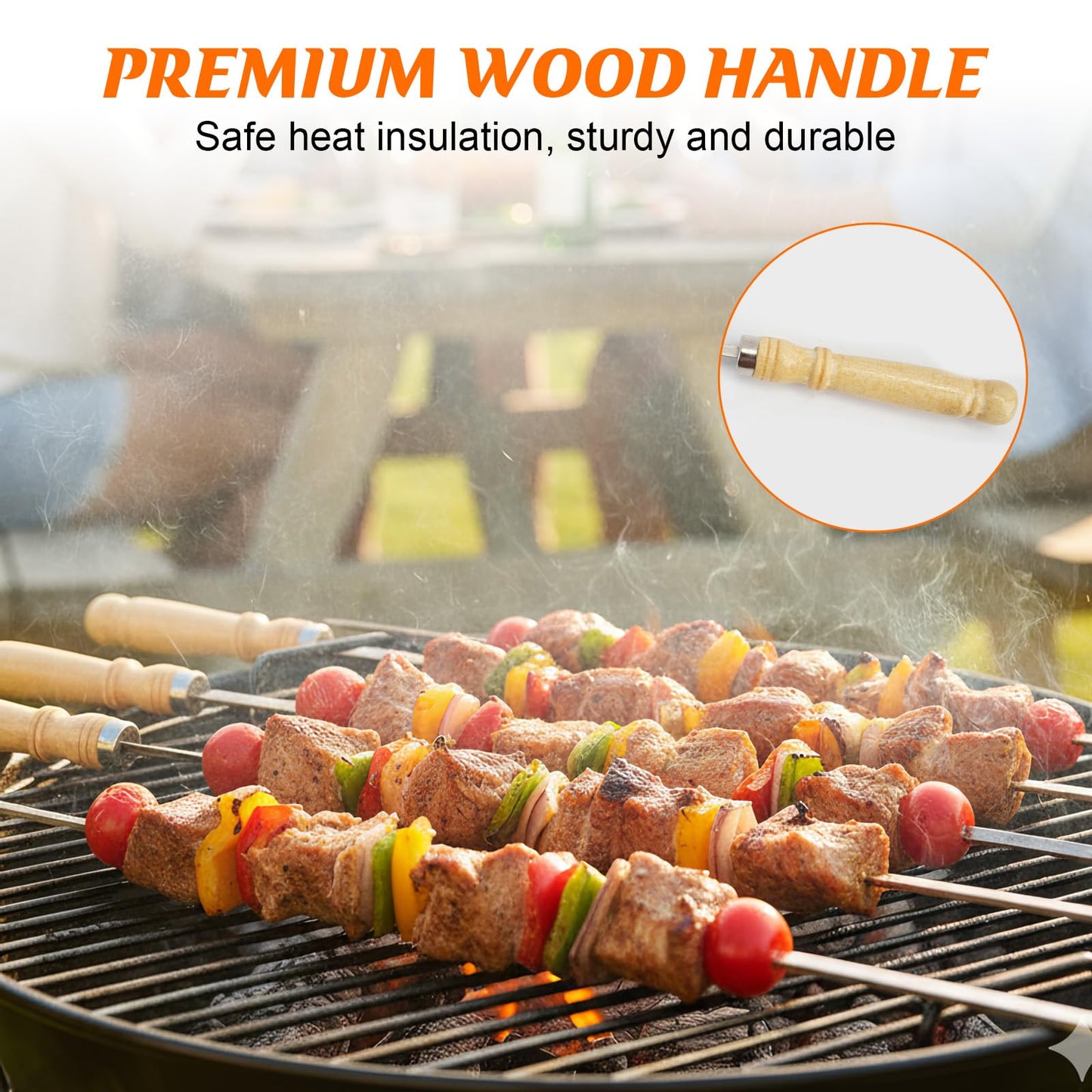 WRENYZK 24 Pcs Barbecue Skewers with Wooden Handles, Kabob Skewers for Grilling, 15.75" Stainless Steel BBQ Skewer with Basting Brush, Kabob Skewers Skewer Sticks for Camping or family