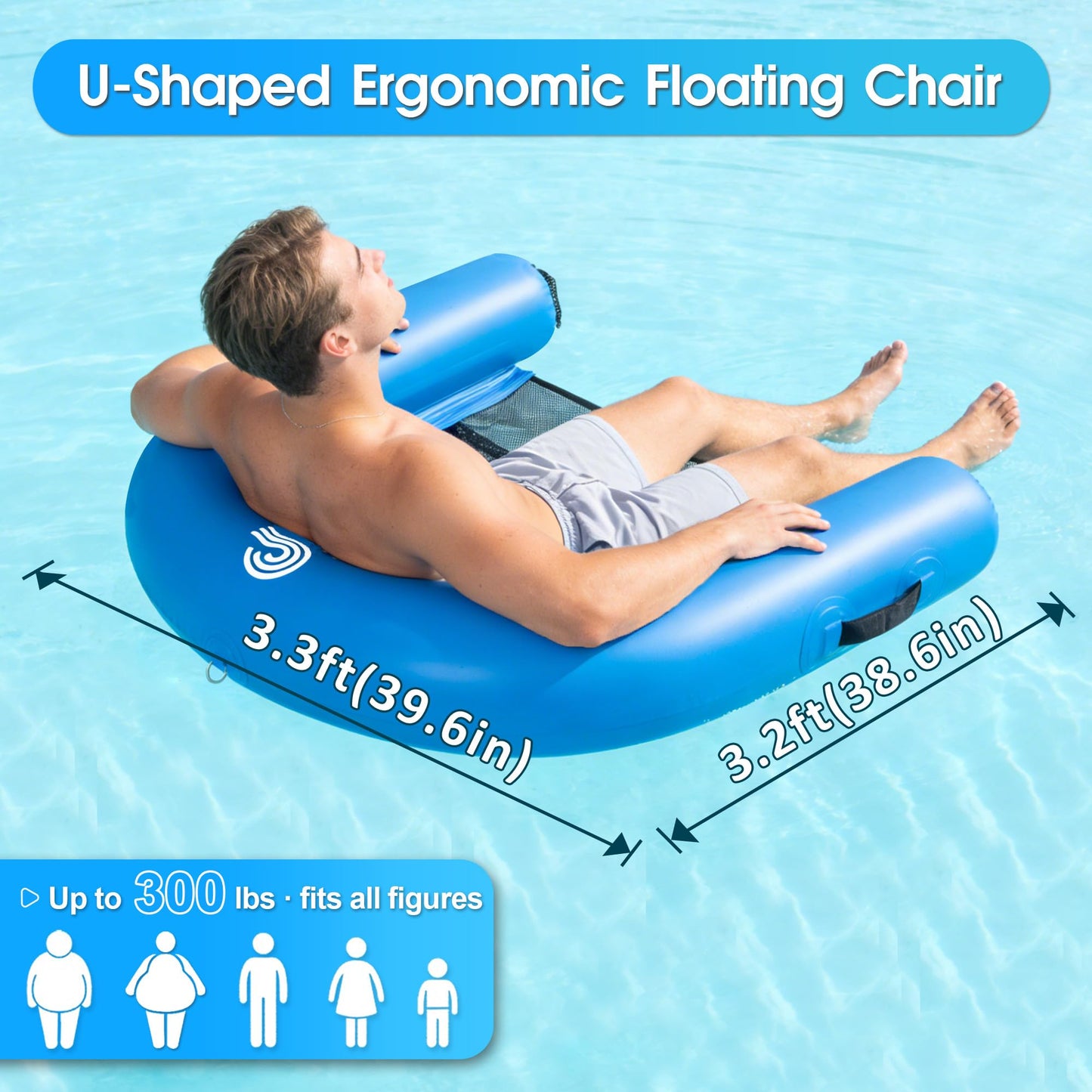 COOLWAVE Inflatable XL Floating Pool Chair, Heavy Duty PVC Floating Lounge Chair, 39" x 38" Connectable Pool Floats Adult with Built-in Cup Holders for Ocean, Lake and Pool, Multiple Color Options