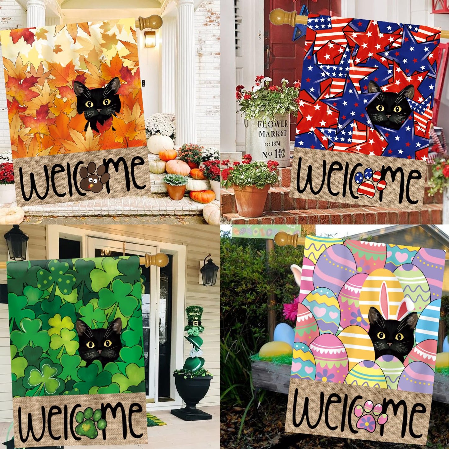 Seasonal Garden Flags Set of 11, Double Sided 28 x 40 Inch Black Cat House Flags, Large Flags for Outside, Spring Summer Easter Independence Day Outdoor Flags, Welcome Holiday Garden Flags for All Seasons