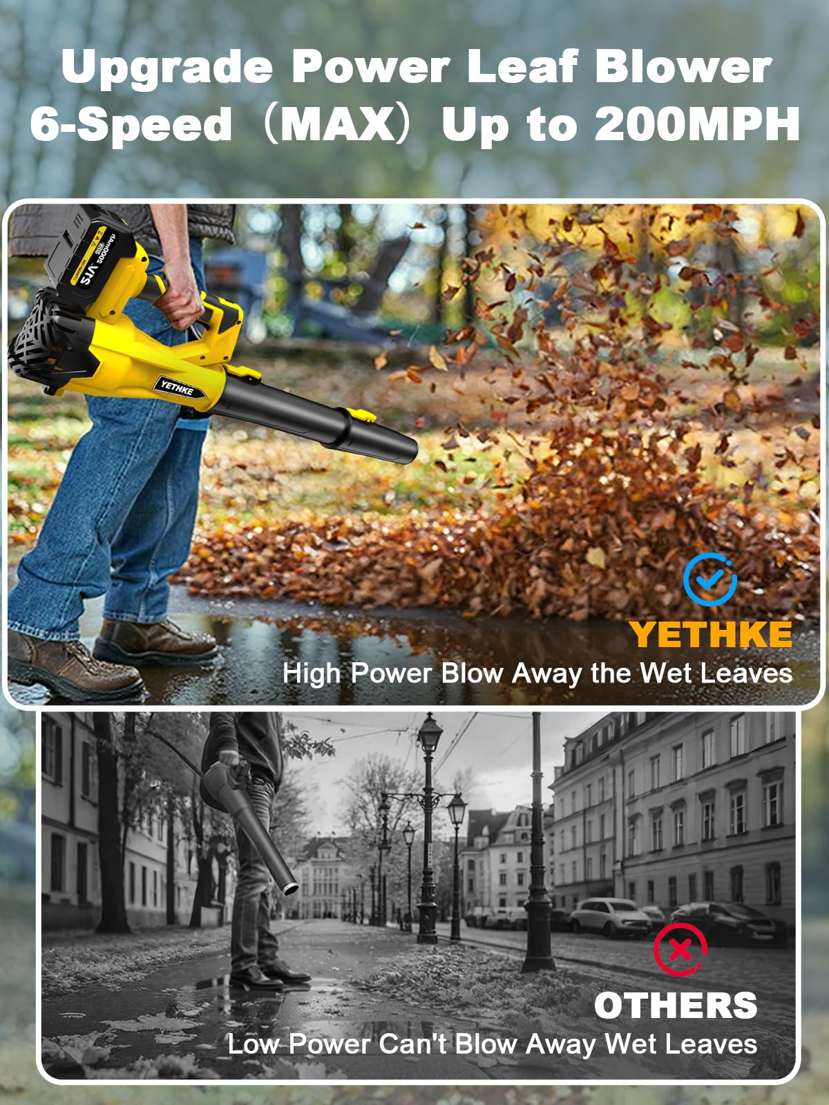 Leaf Blower Cordless, 21V Powerful Electric Blower with 2*4.0Ah Batteries & 1*Fast Charger, 6 Speed Modes, Handheld Lightweight Leaf Blowers for Lawn/Patio/Dust/Leaves, Gift Goggles & Earplugs-Yellow
