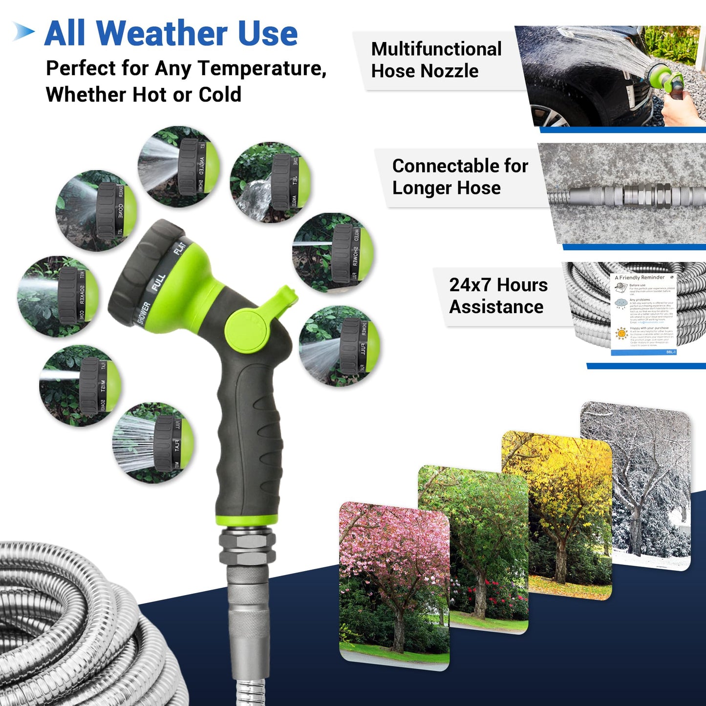 100 FT Stainless Steel Garden Hose – Long Reach 304 Steel Metal Water Hose, No-Kink, Leak-Proof Swivel Fittings, Puncture Resistant, 8-Pattern Nozzle for Large Yards, Driveways, Farm Tasks