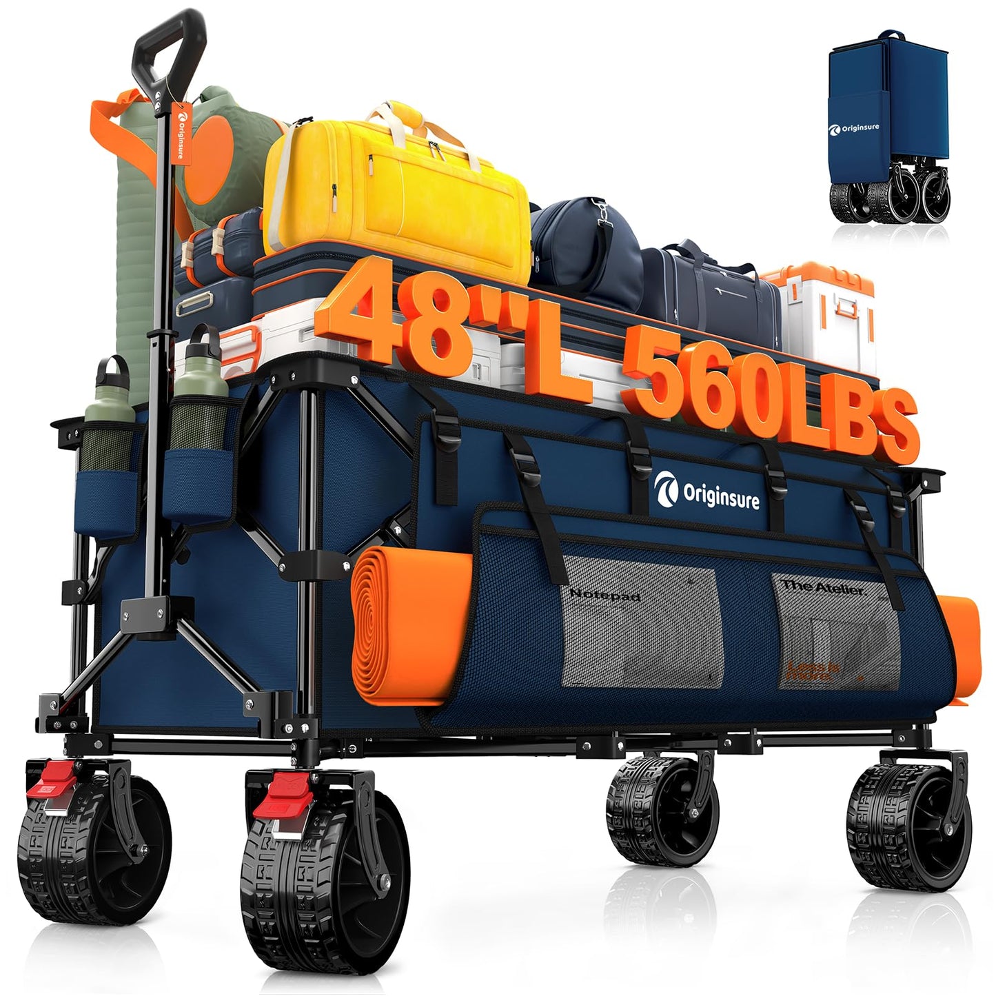 48" L Folding Beach Wagon Cart Foldable, 560lbs Weight Capacity 300L Heavy Duty Collapsible Wagons with Big All-Terrain Wheels, Utility Carts for Groceries, Shopping, Camping, Sports - Blue